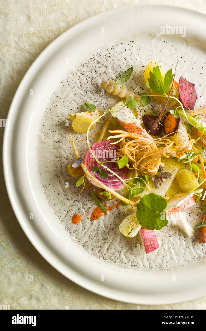 Radici, frutta e bacche con aragosta nero preparato da Bo Bech, lo chef del ristorante Paustian a Copenhagen, in Danimarca. Foto Stock