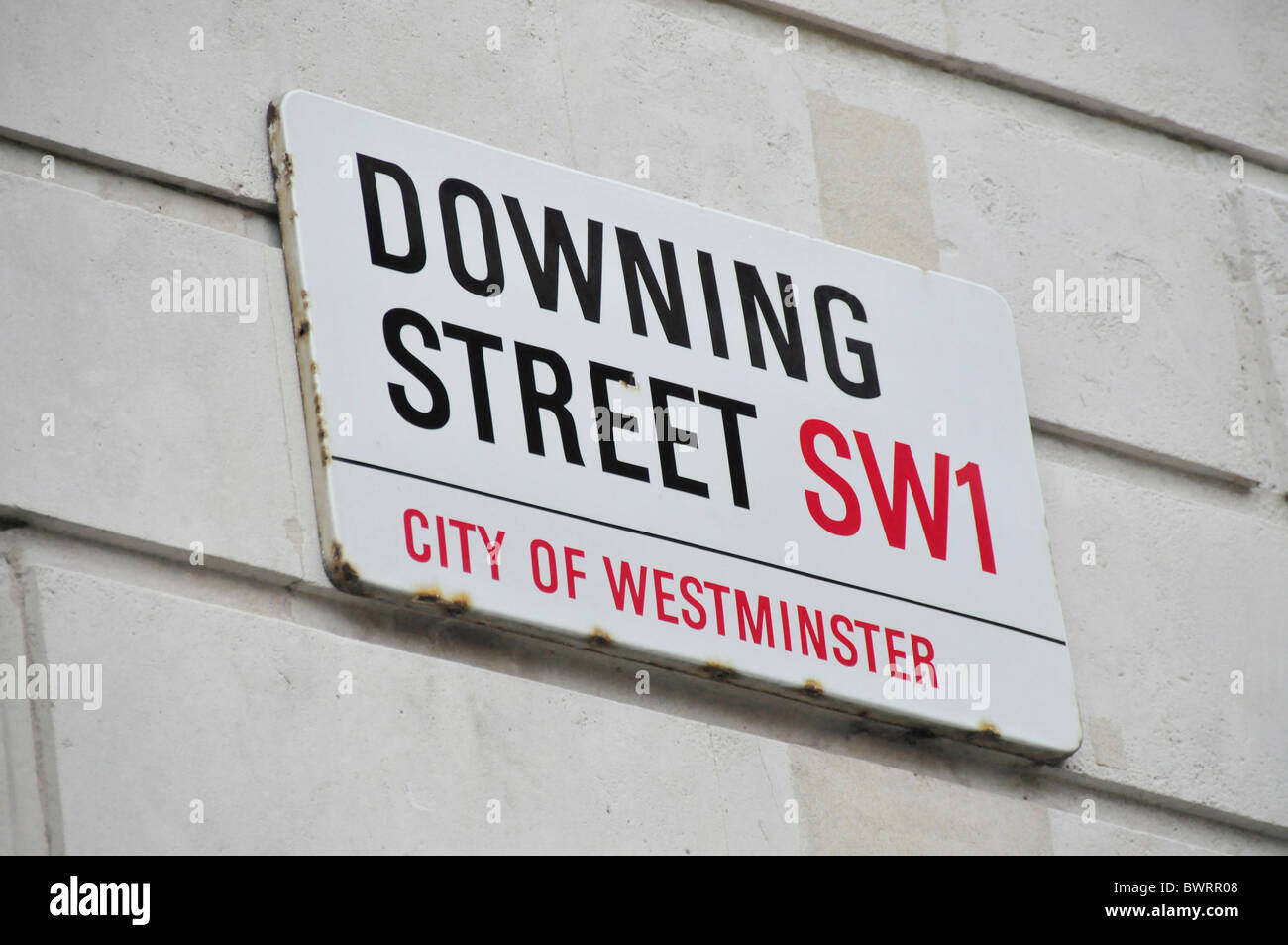 Strada segno, Downing Street, casa del Primo ministro britannico a Londra, Inghilterra, Regno Unito, Europa Foto Stock