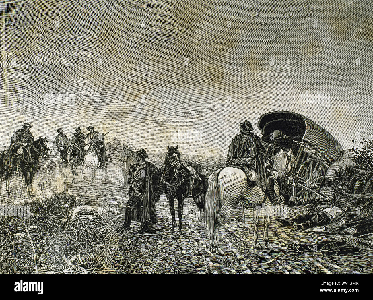 Spagnolo era di restauro (1875-1885). Regno di Alfonso XII. Le protezioni civili patrol. Incisione di A. Barceló, 1884. Foto Stock