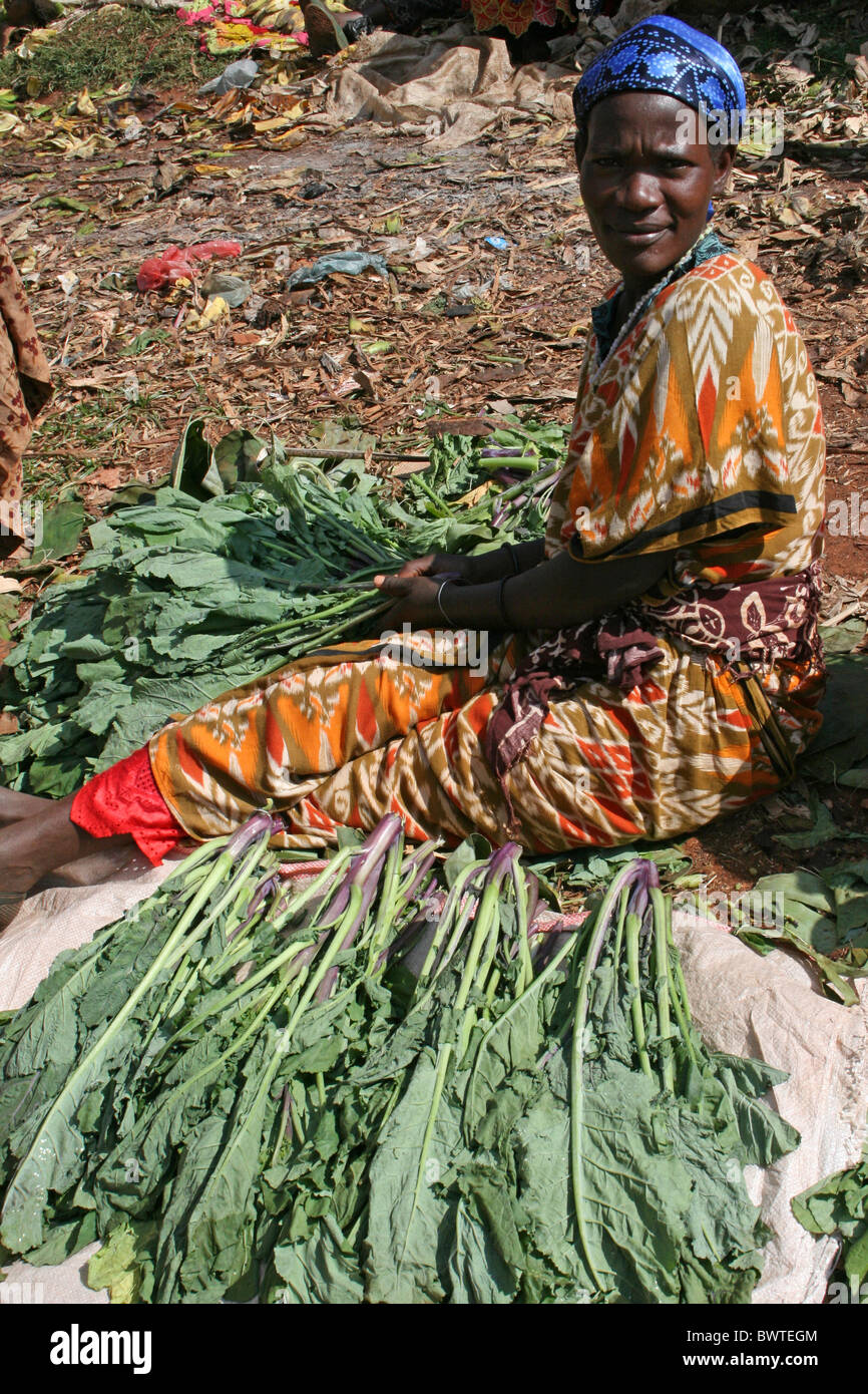 Donna vendita di foglie di spinaci a Hagere Mariam Mercato, sud Etiopia Foto Stock