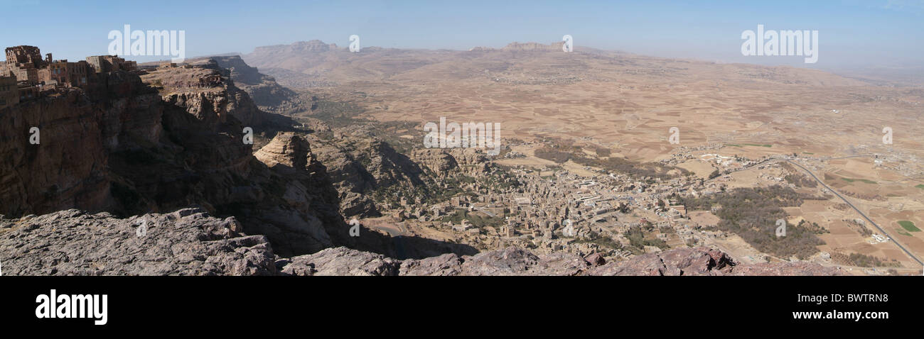 Yemen Shibam città vista dalla città Kawkaban Jebel Kawkaban arabo Arabian trasferta araba città vecchia architettura m Foto Stock