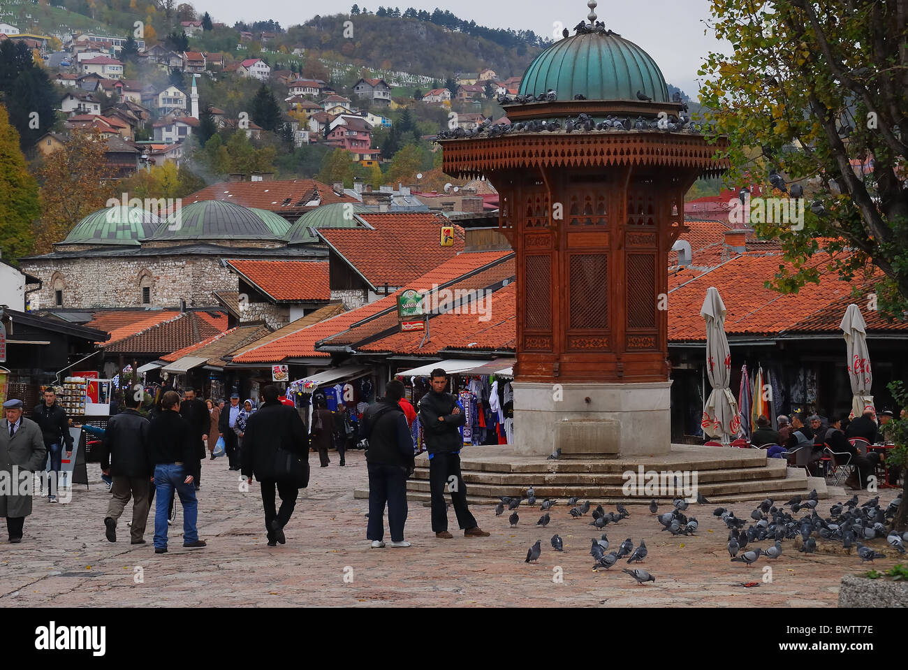 Sarajevo, bosnia Erzegovina, Bascarsija, la fontana di Sebilj. Il cuore del quartiere musulmano e il vecchio bazaar. Foto Stock