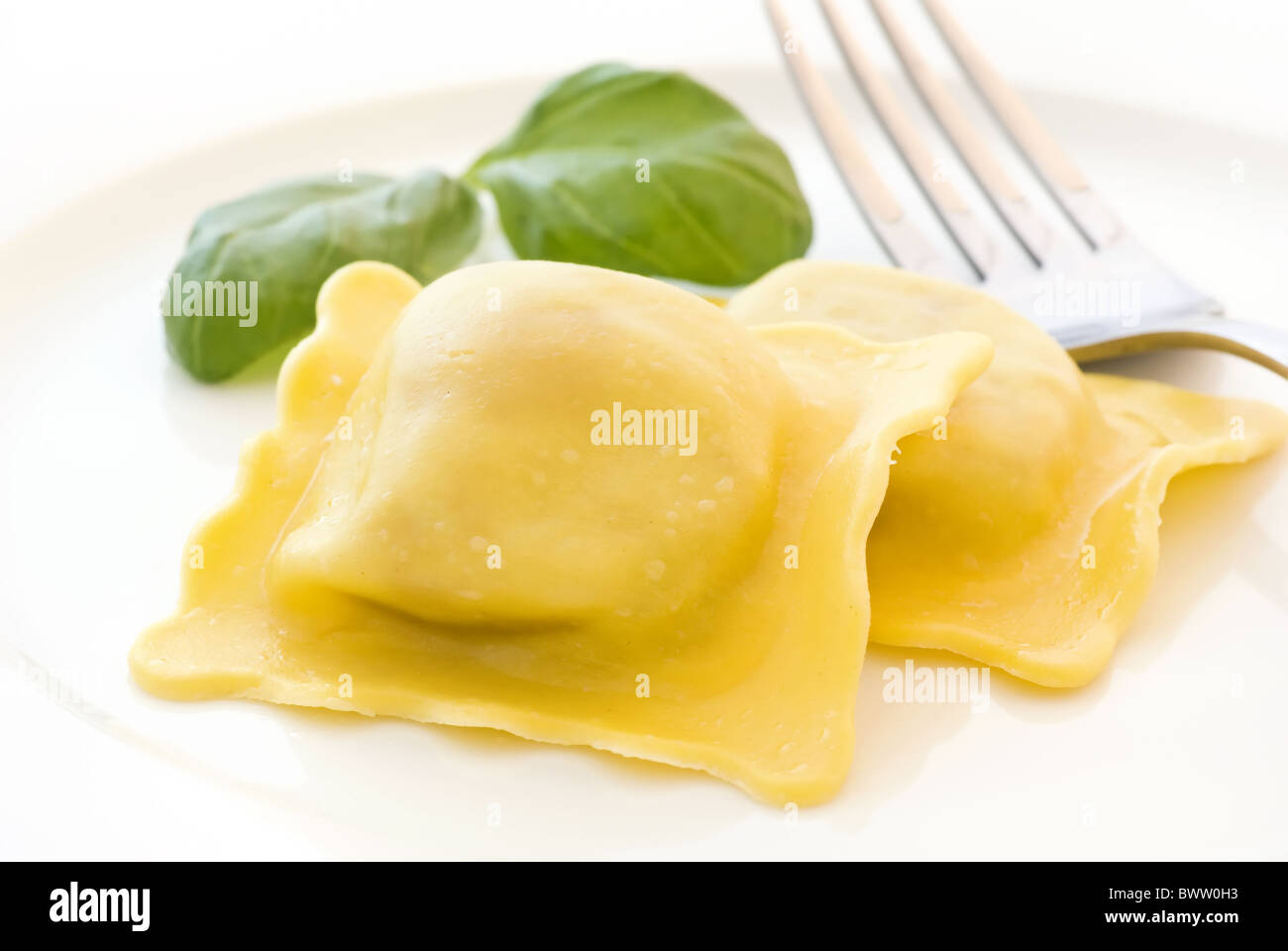 Ravioli di bollito con il prezzemolo come primo piano su una piastra bianca Foto Stock