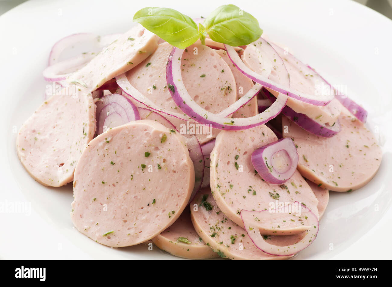 Salsiccia bavarese saland con anelli di cipolla come closeup sulla piastra bianca Foto Stock