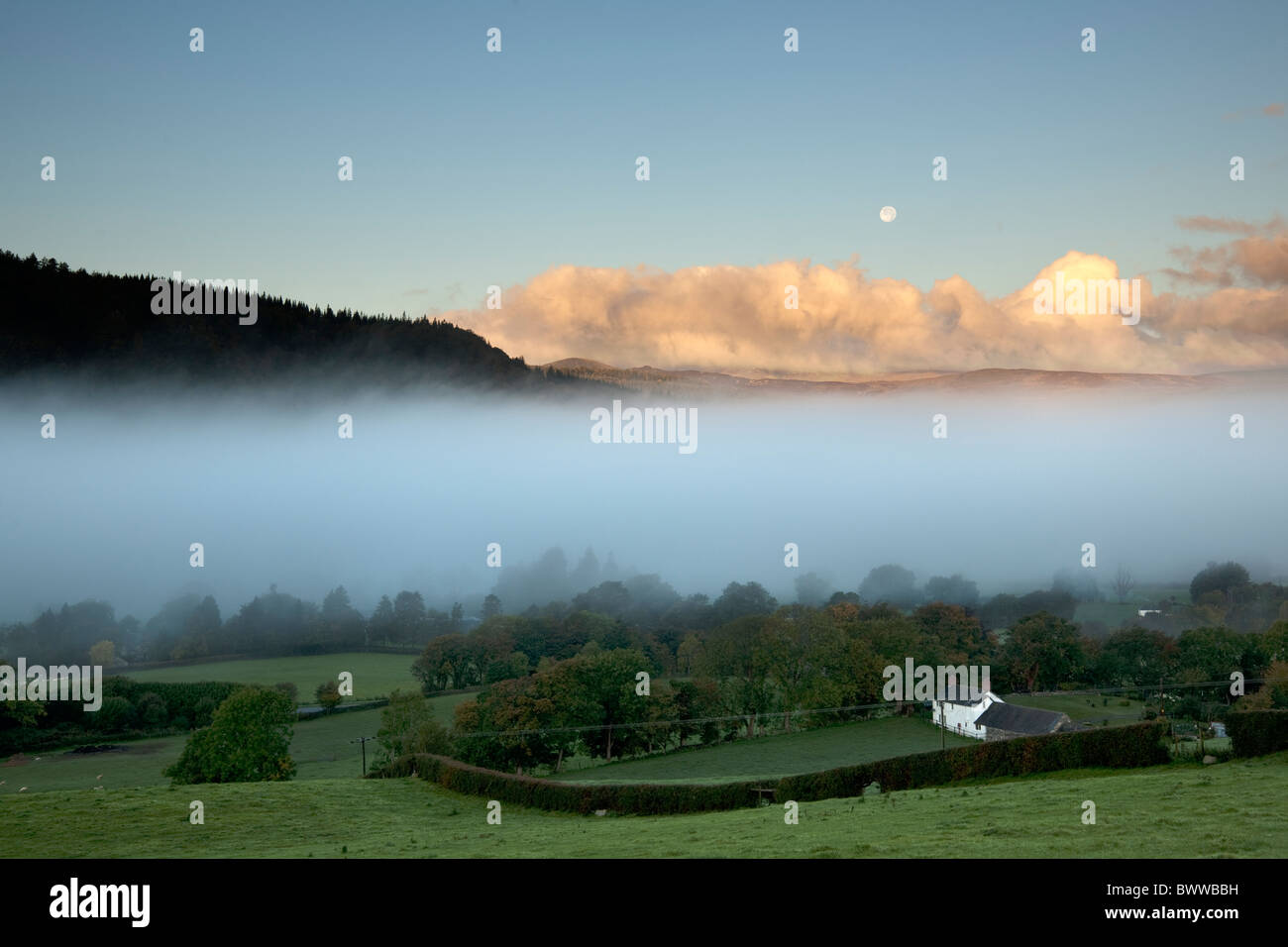 Early Morning mist in Conwy Valley, il Galles del Nord, mostrando casale bianco e la luna piena Foto Stock