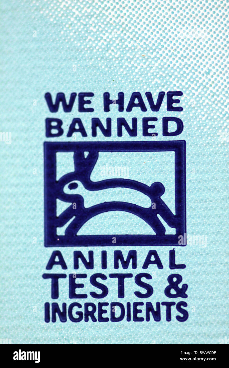 Etichetta raccontando i consumatori che la società ha vietato i test sugli animali e gli ingredienti Foto Stock