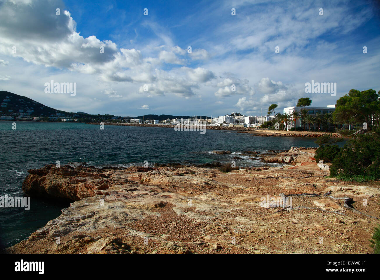 Santa Eulalia litorale, Ibiza, Spagna Foto Stock