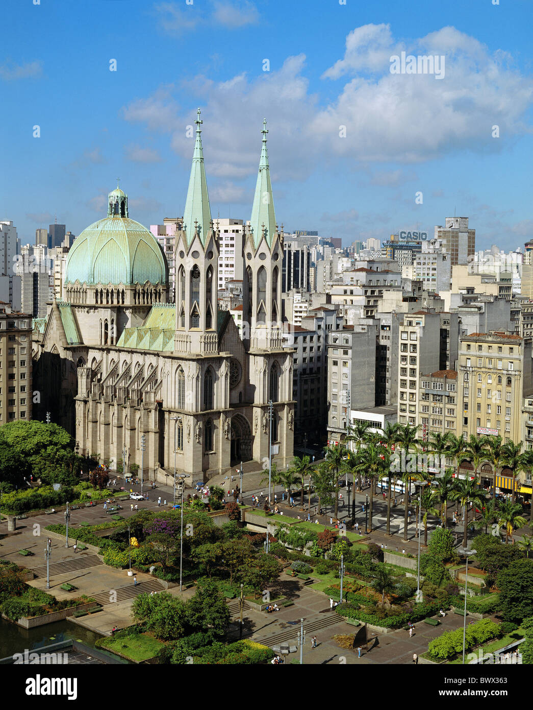 Il Brasile America del Sud i blocchi di appartamenti edifici ad alta park place Sao Paolo Se Cathedral panoramica Foto Stock