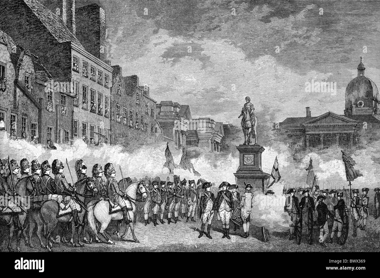 I volontari di Dublino salutando la statua di Guglielmo III su College Green, Dublino, 4 novembre 1779; nero e bianco; incisione Foto Stock