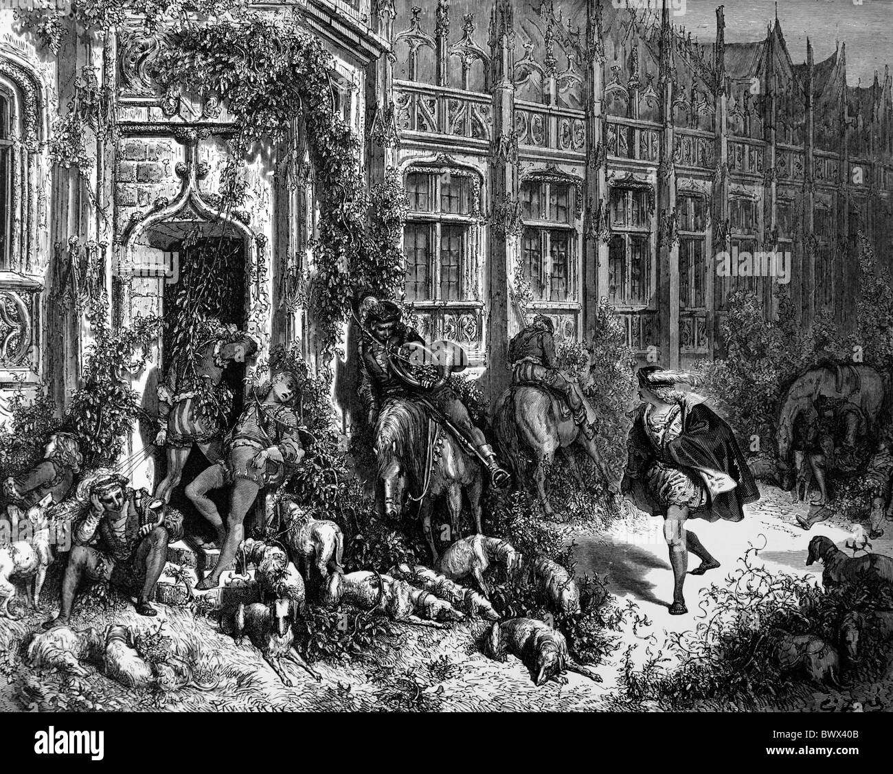 Gustave Doré; Fairy tale Sleeping Beauty, il principe si avvicina al palazzo e trova la popolazione addormentata; Black and White Engraving Foto Stock