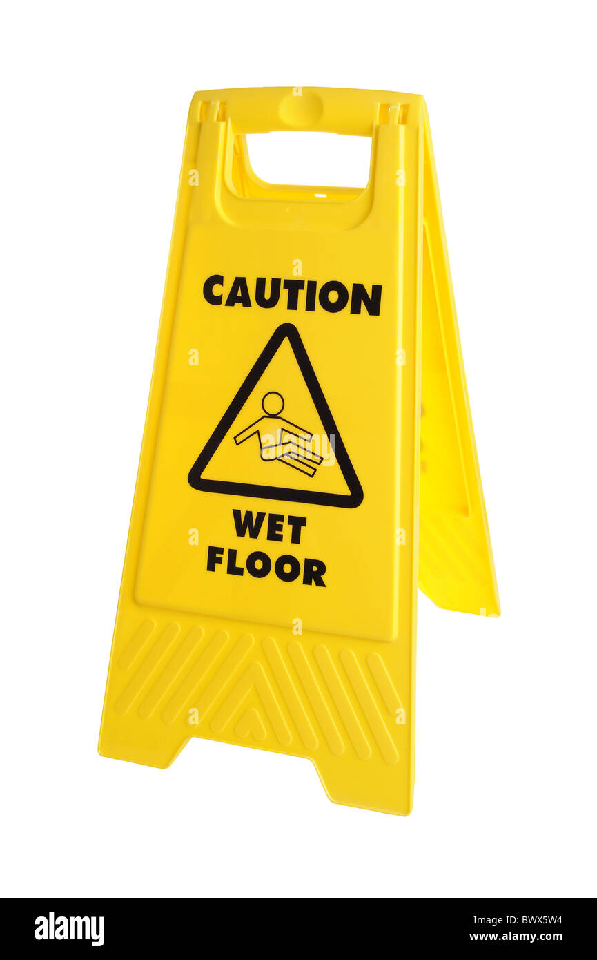 Giallo segnale di avvertimento pavimento bagnato Foto Stock