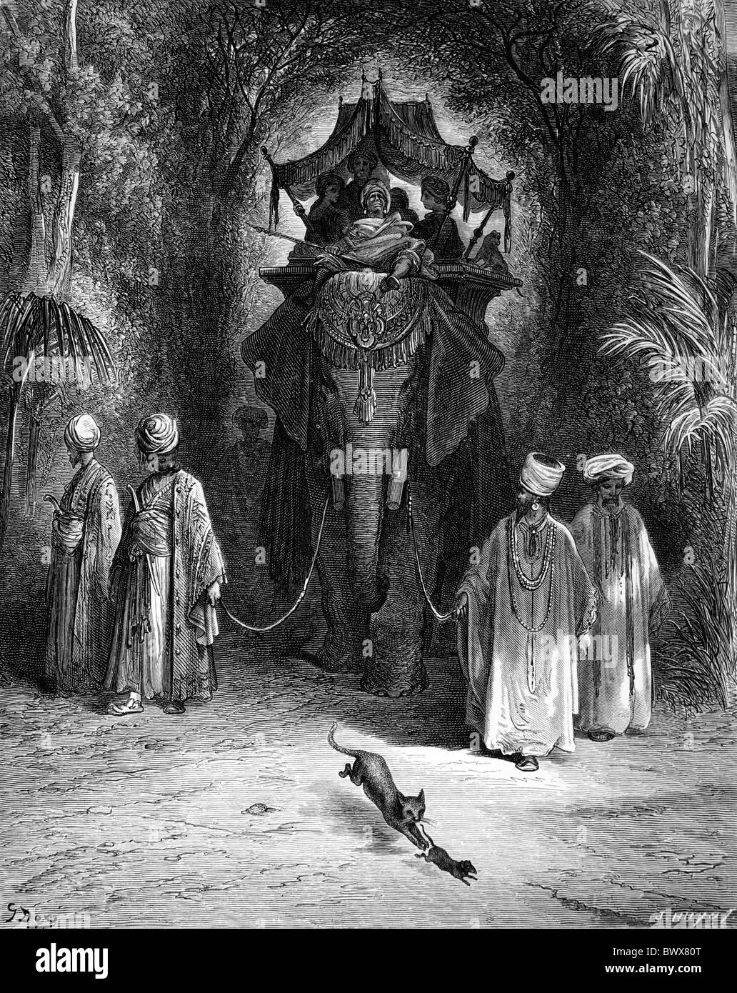 Gustave Doré; ratto e l'elefante; da Jean de la Fontaine le fiabe; Bianco e Nero incisione Foto Stock