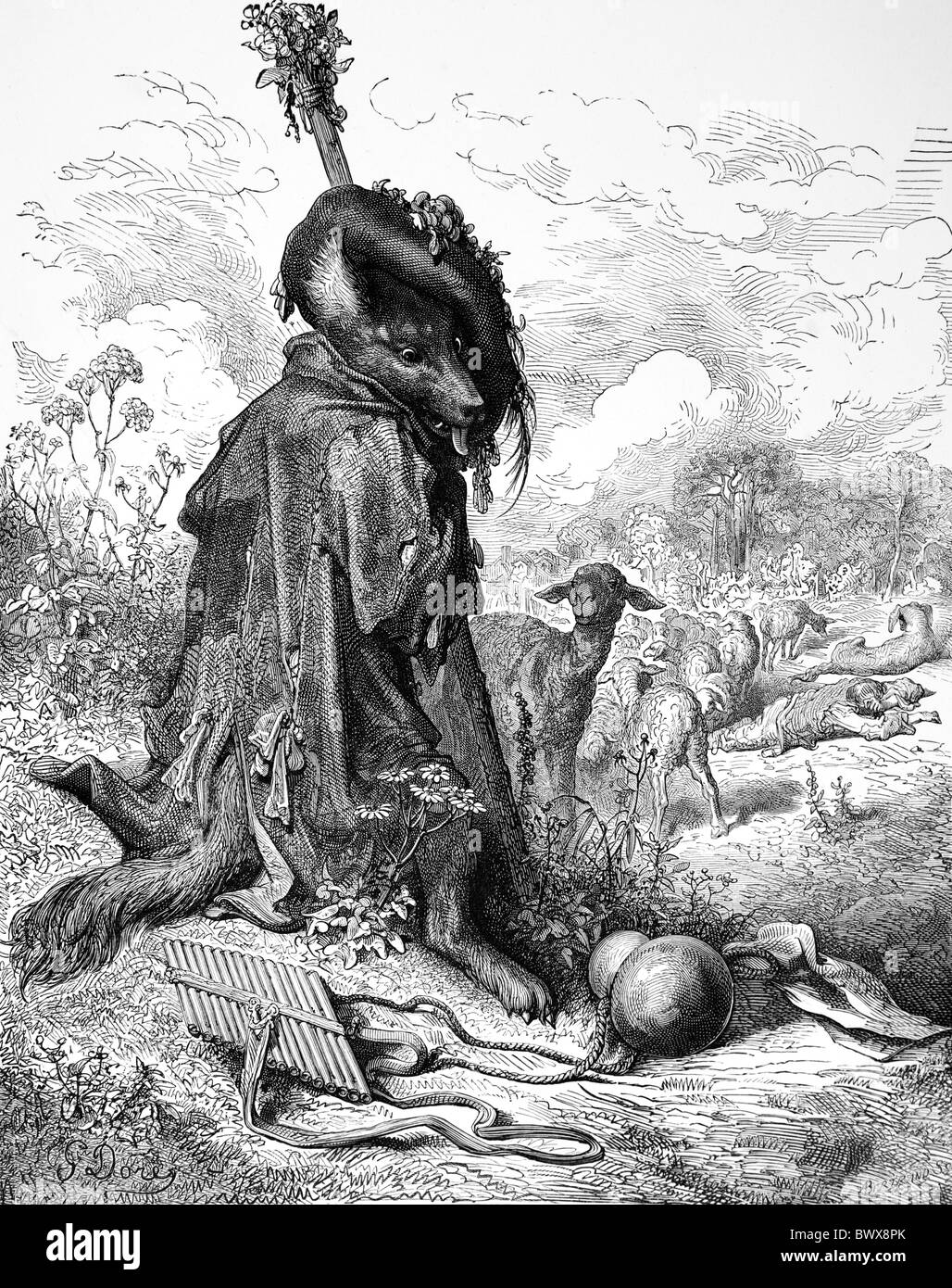 Gustave Doré; il lupo pastore girato da Jean de la Fontaine le fiabe; Bianco e Nero incisione Foto Stock