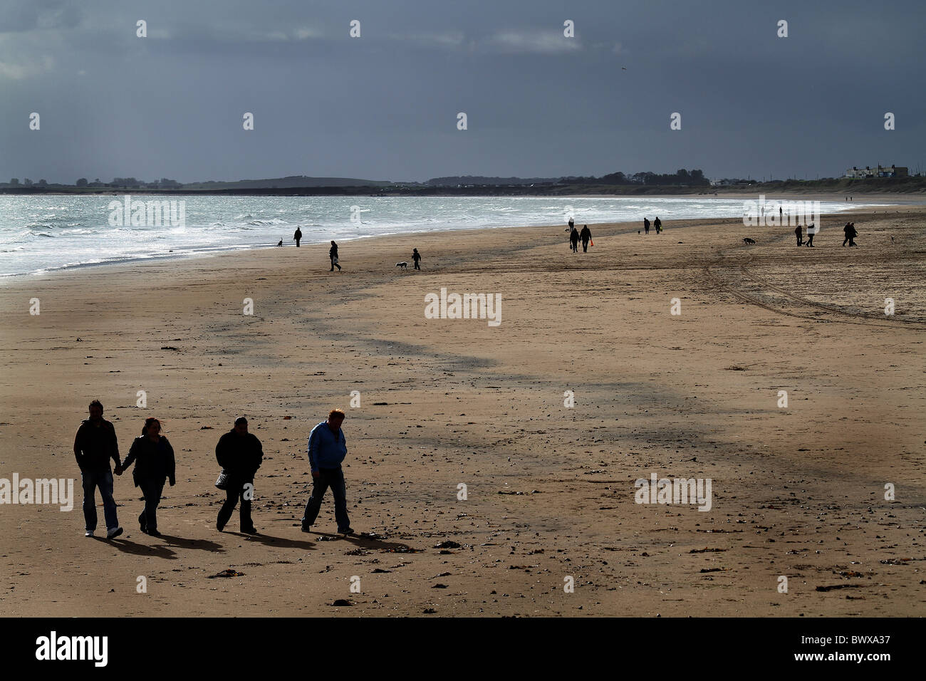 Silhouette di gruppi di persone su una spiaggia con la bassa marea. Foto Stock