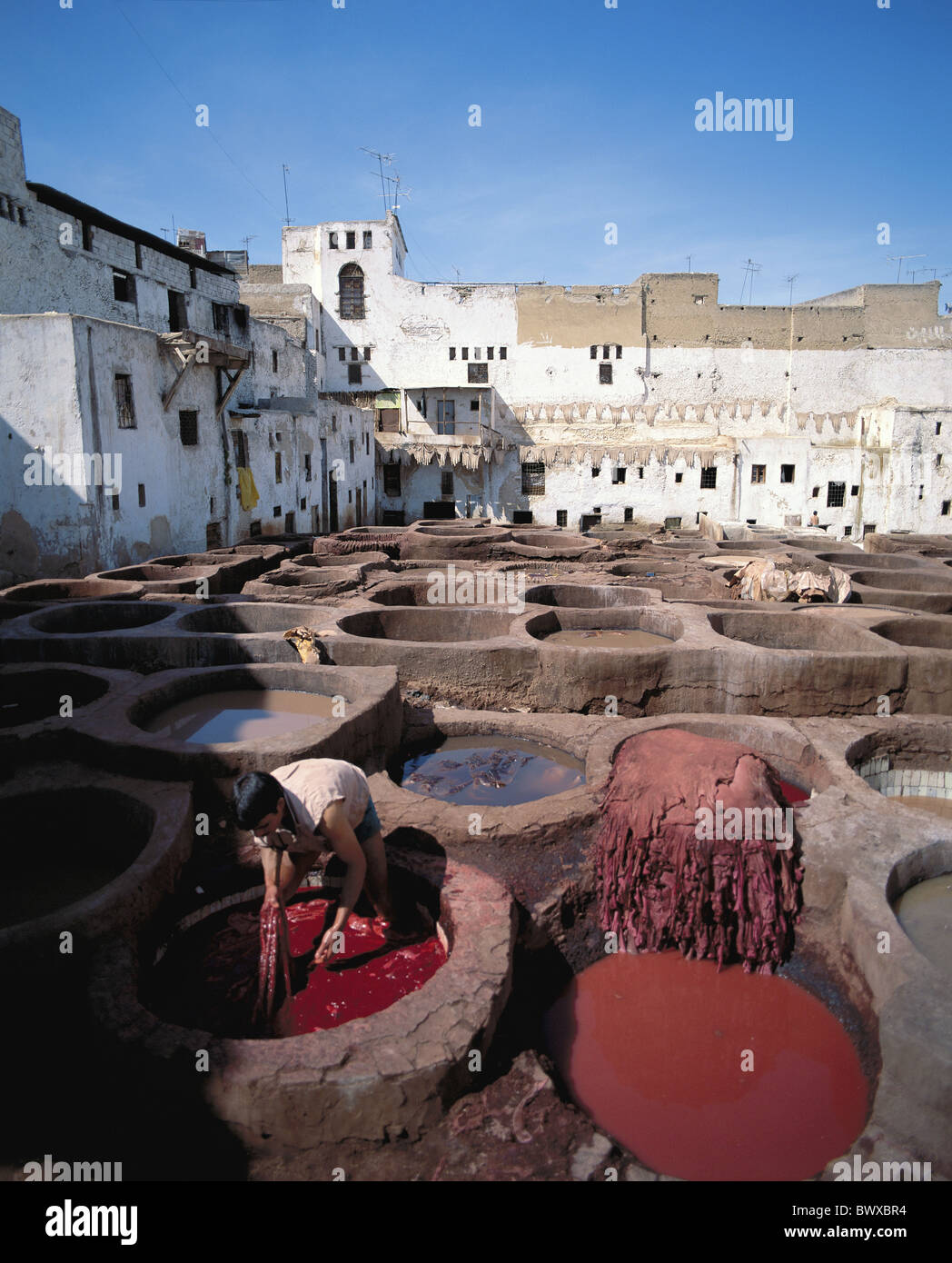 Lavoratore di vecchia colorazione vasche colore fez Fez facciata di Casa cuoio Marocco Africa del Nord Foto Stock