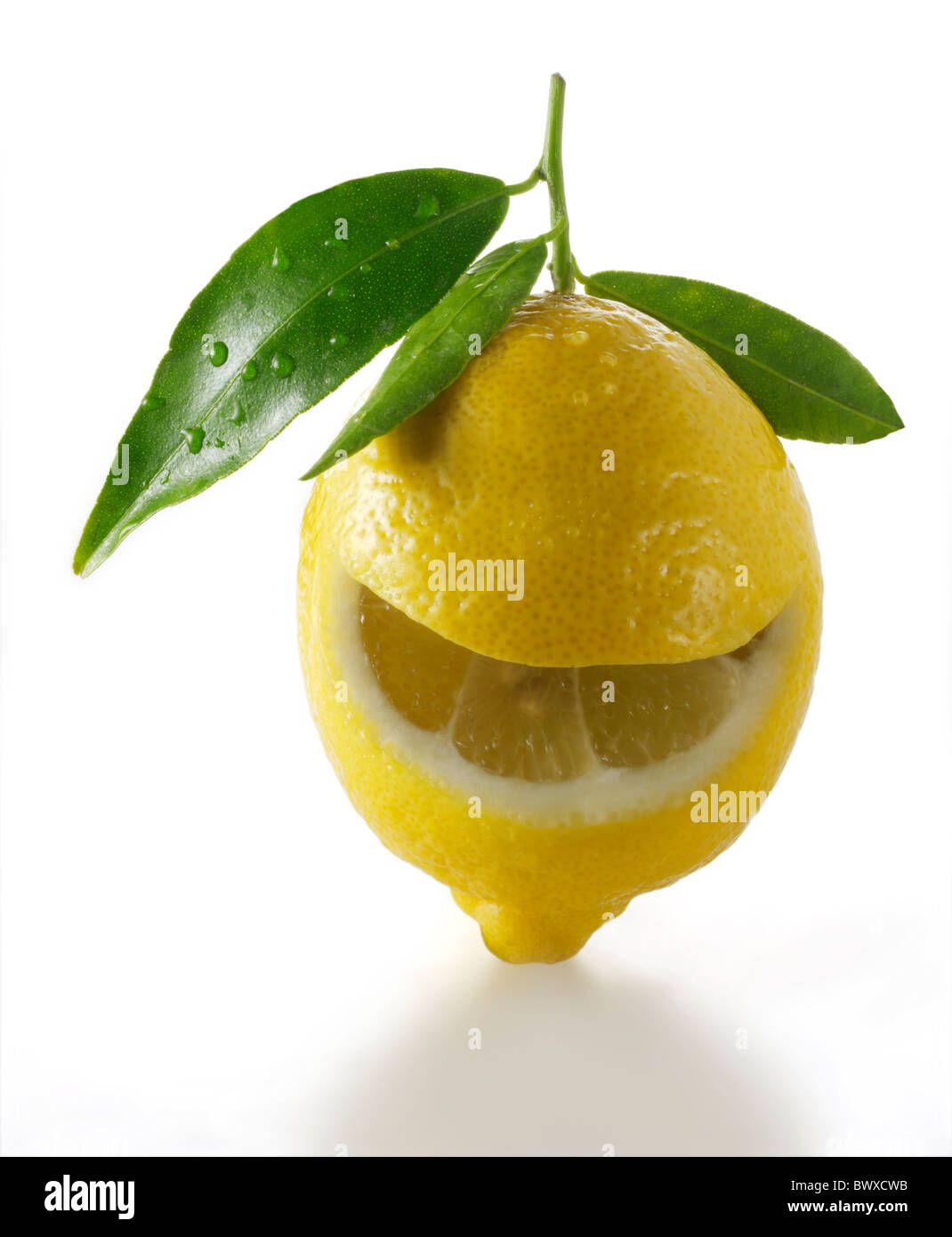 Tutto freschi Limoni con foglie e una faccina sorridente tagliare il limone contro white Foto Stock
