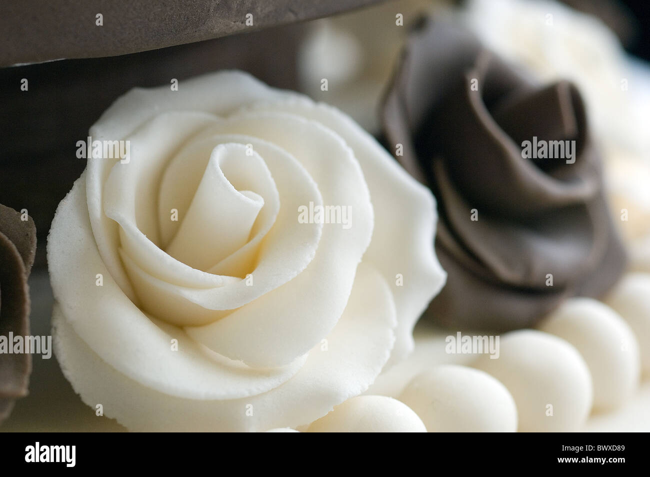 Dettaglio di un marrone e crema ghiacciata di celebrazione torta con le rose e archi Foto Stock