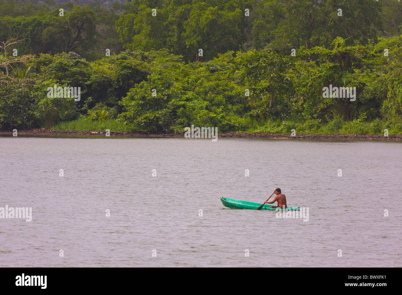 PORTOBELO, PANAMA - Uomo pagaie barca sulla baia. Foto Stock