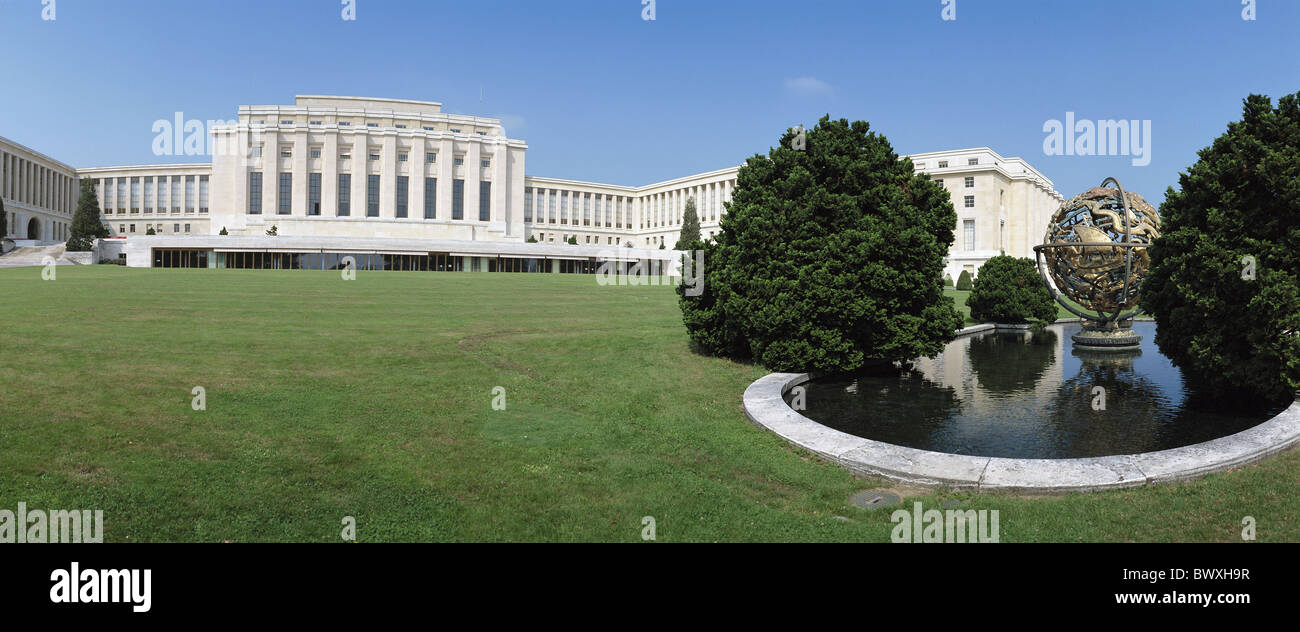 Gli alberi di costruzioni di edifici della città di Ginevra Svizzera Europa park prato Svizzera Europa ONU sc Foto Stock