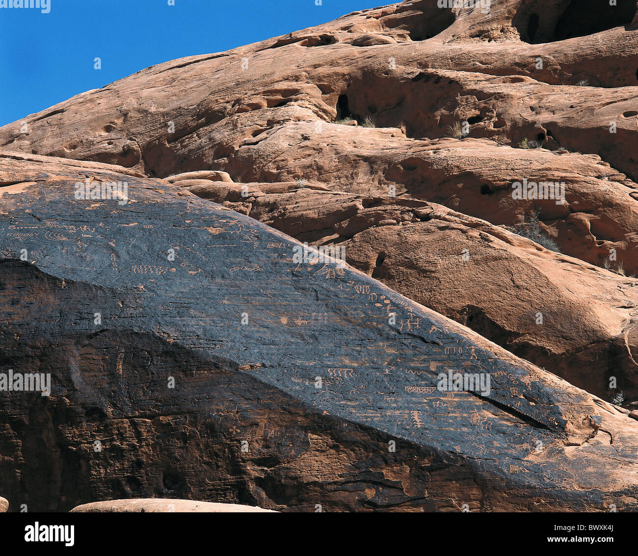 Cliff disegni rock formazione Nevada USA America Nord America la Valle del Fuoco Foto Stock