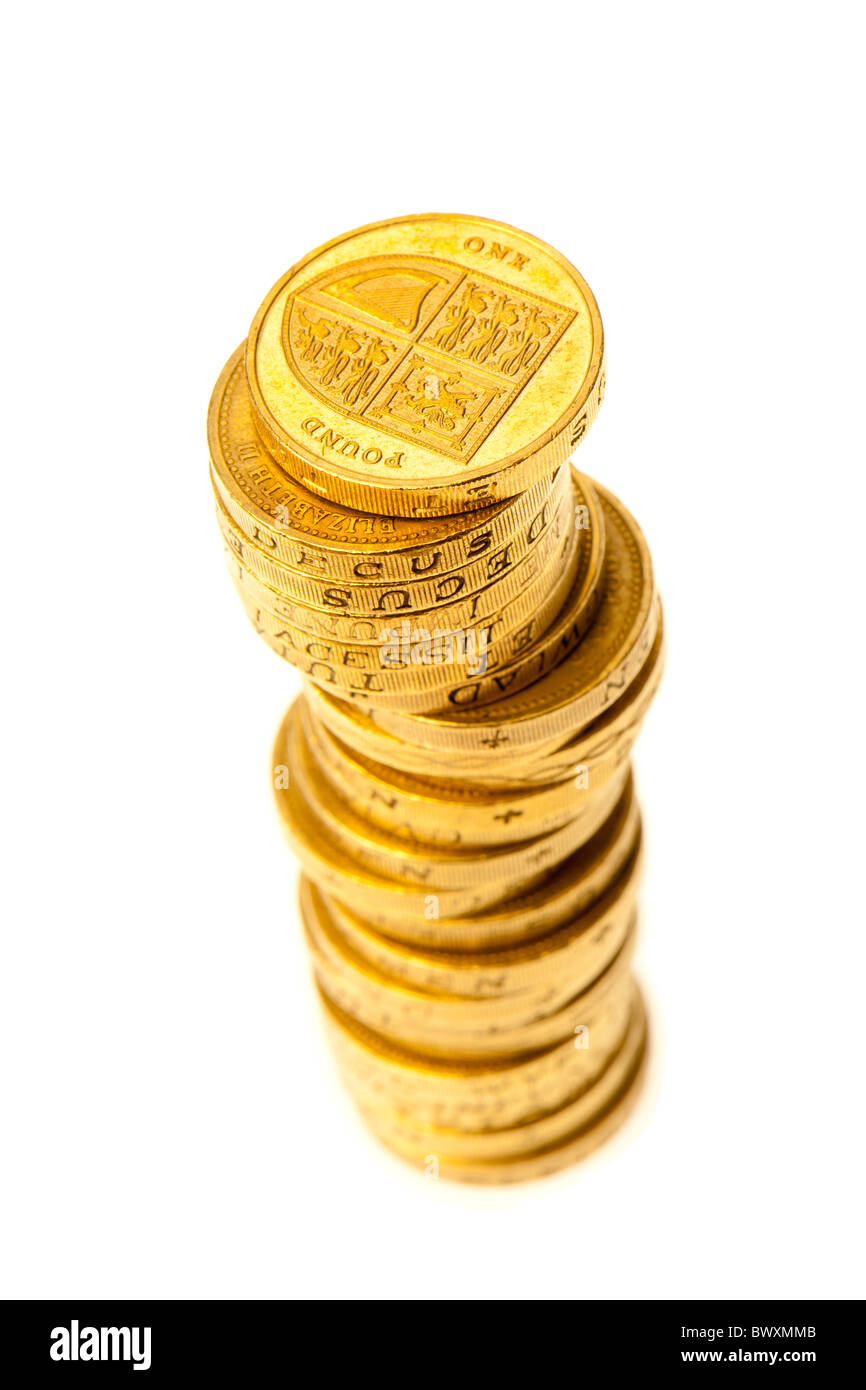 Pound monete - una pila di denaro contante Foto Stock