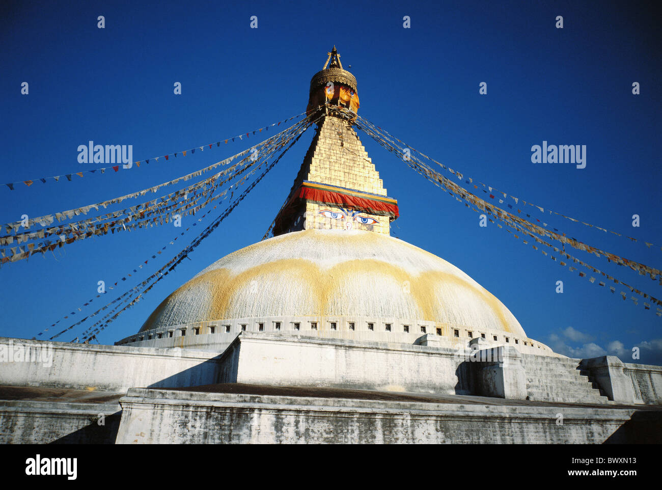 Flag di Bodnath santo luogo sito Katmandu Nepal Asia Stupa tempio Foto Stock