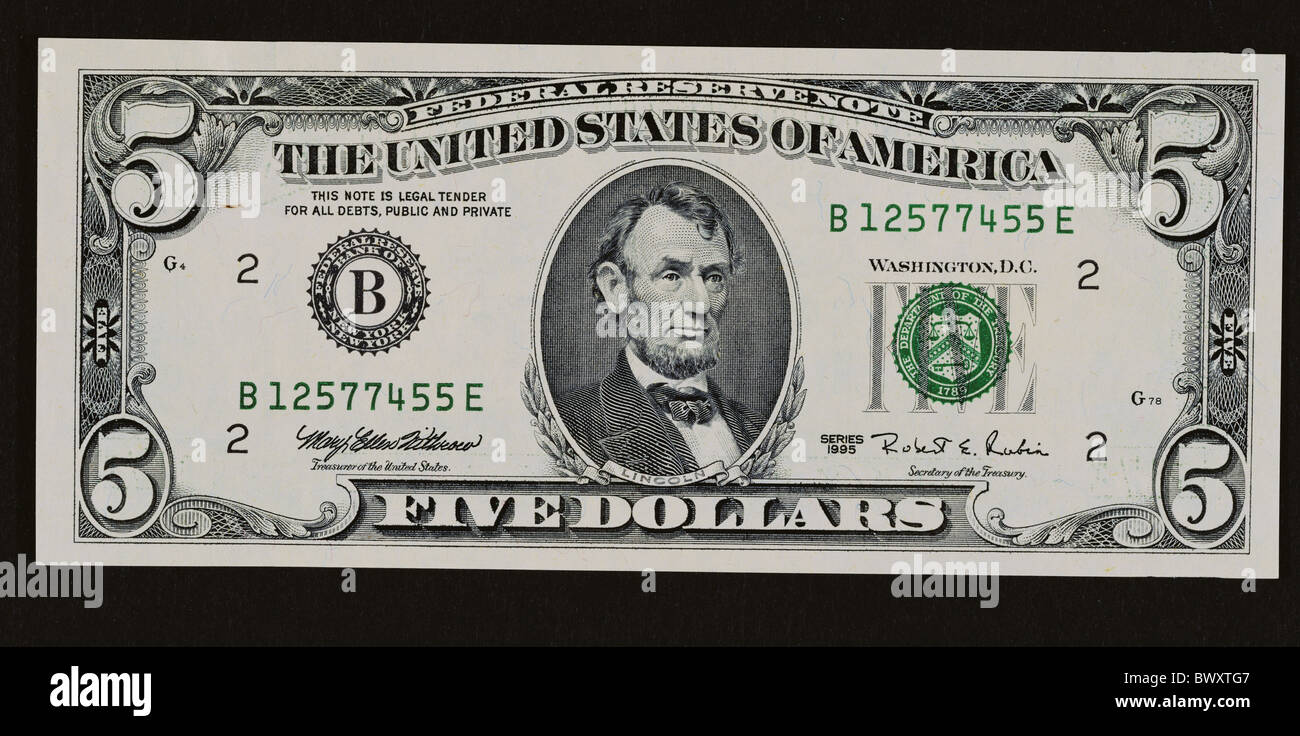 Valuta USA America Nord America segna note 5 dollari capo Lincoln ritratto in bianco e nero delle finanze Foto Stock