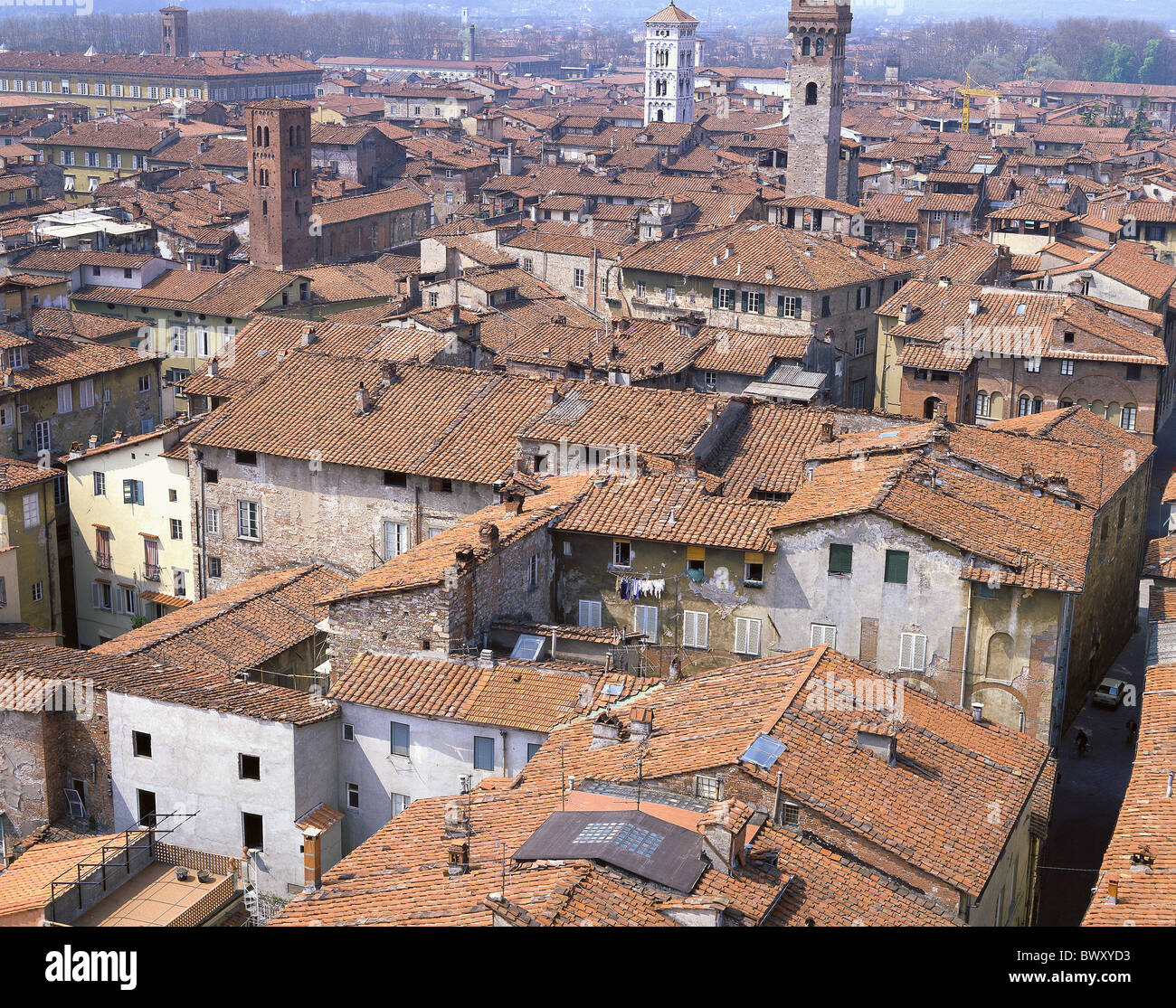 Italia Europa Toscana Toscana Lucca panoramica tetti facciate rosse torri rooks Foto Stock