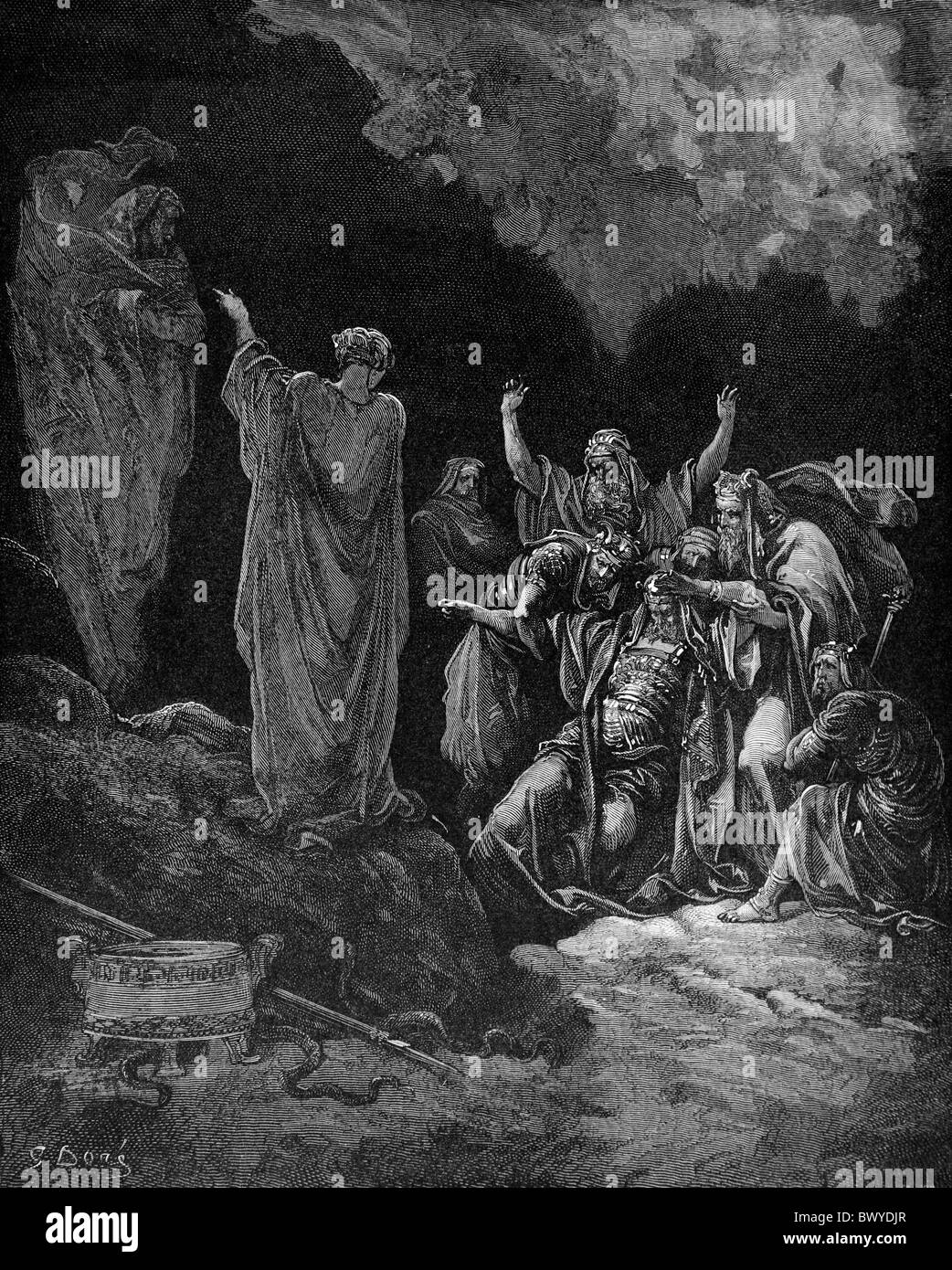 Gustave Doré; Saul consultando la Strega di Endor (1 Samuele CH 28); Bianco e Nero incisione Foto Stock