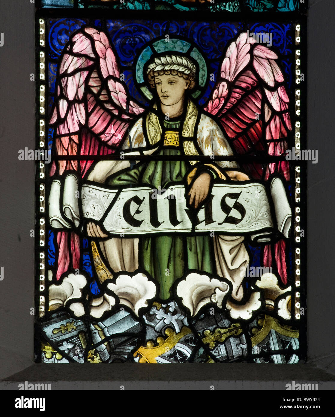 Blackburn Cattedrale finestra Pre-Raphaelite da Sir Edward Burne-Jones raffiguranti predicatore biblico Elias o Elia Foto Stock