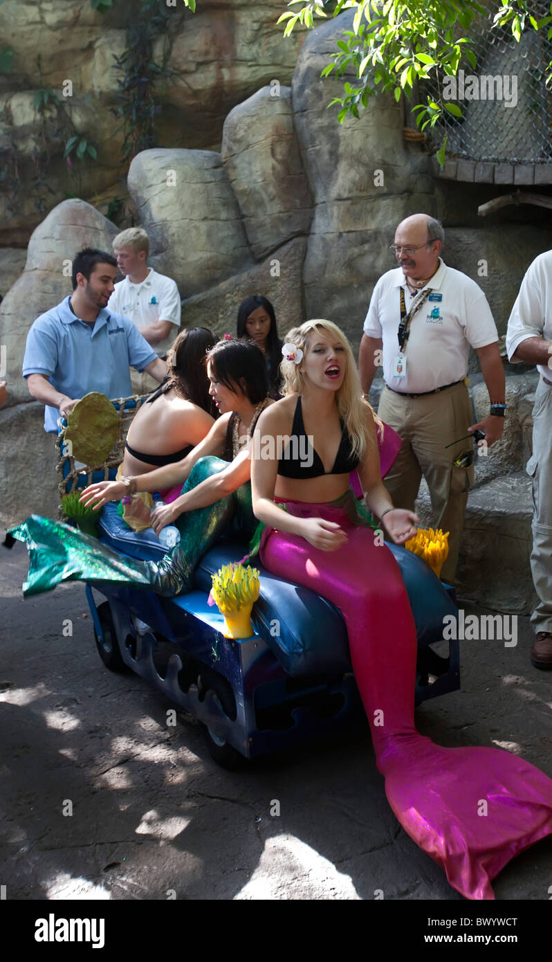 Denver, Colorado - Sirene giro a lavorare su un carrello a Downtown Aquarium. Foto Stock