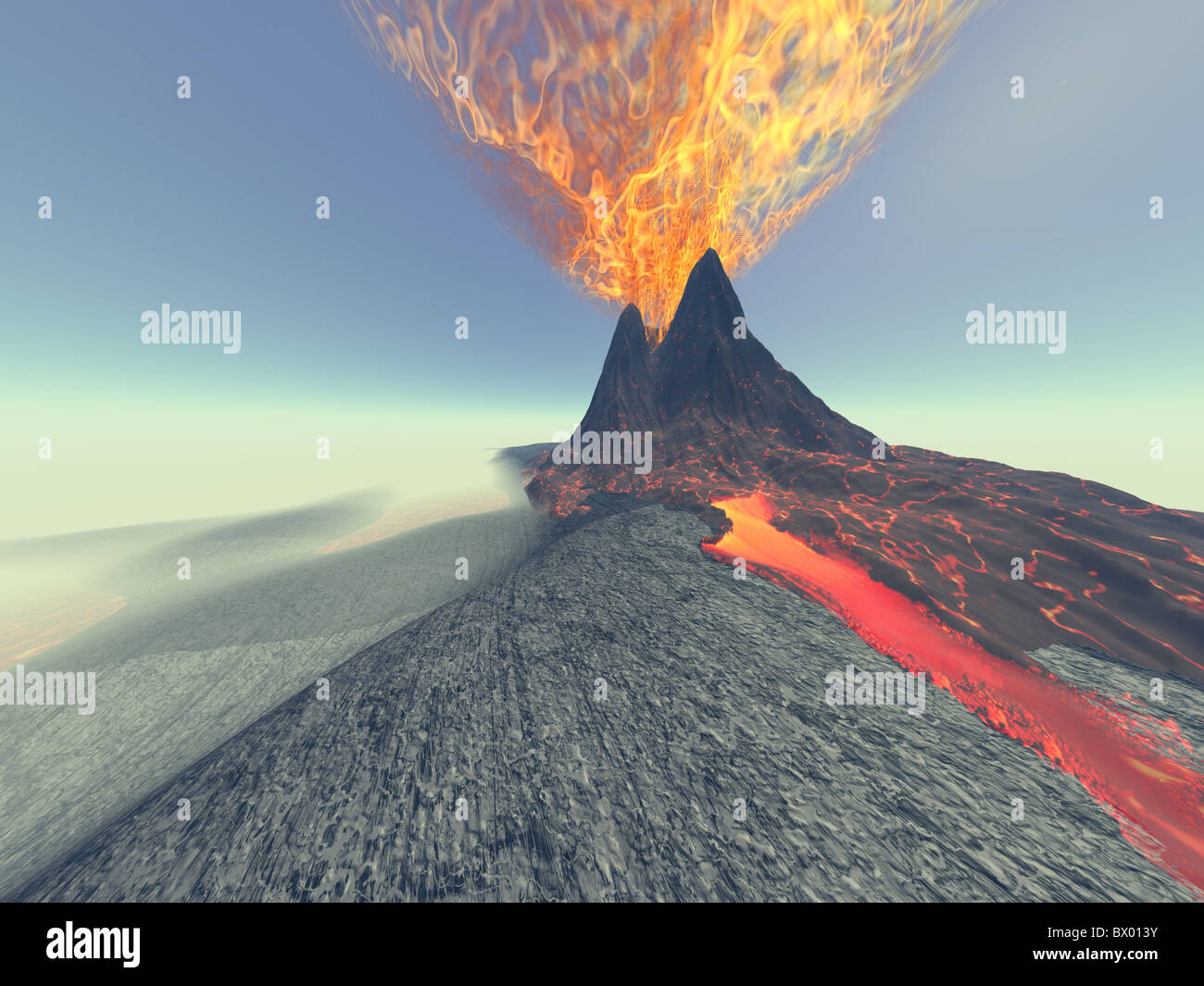 Vulcano - un vulcano prende vita con il fuoco, fumo e lava. Foto Stock