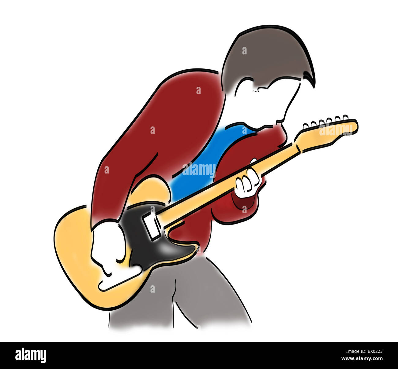 Un cartoon astratta di un chitarrista suonando una chitarra elettrica. Foto Stock