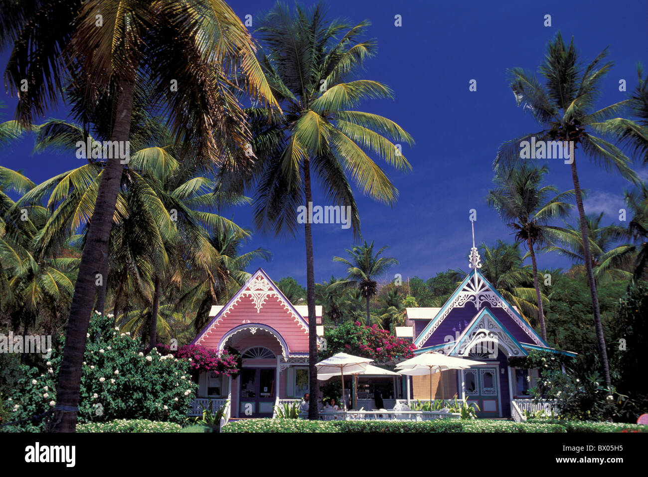Architettura Gingerbread case Grenadine case case di diversi colori Mustique palme dei Caraibi Woo Foto Stock
