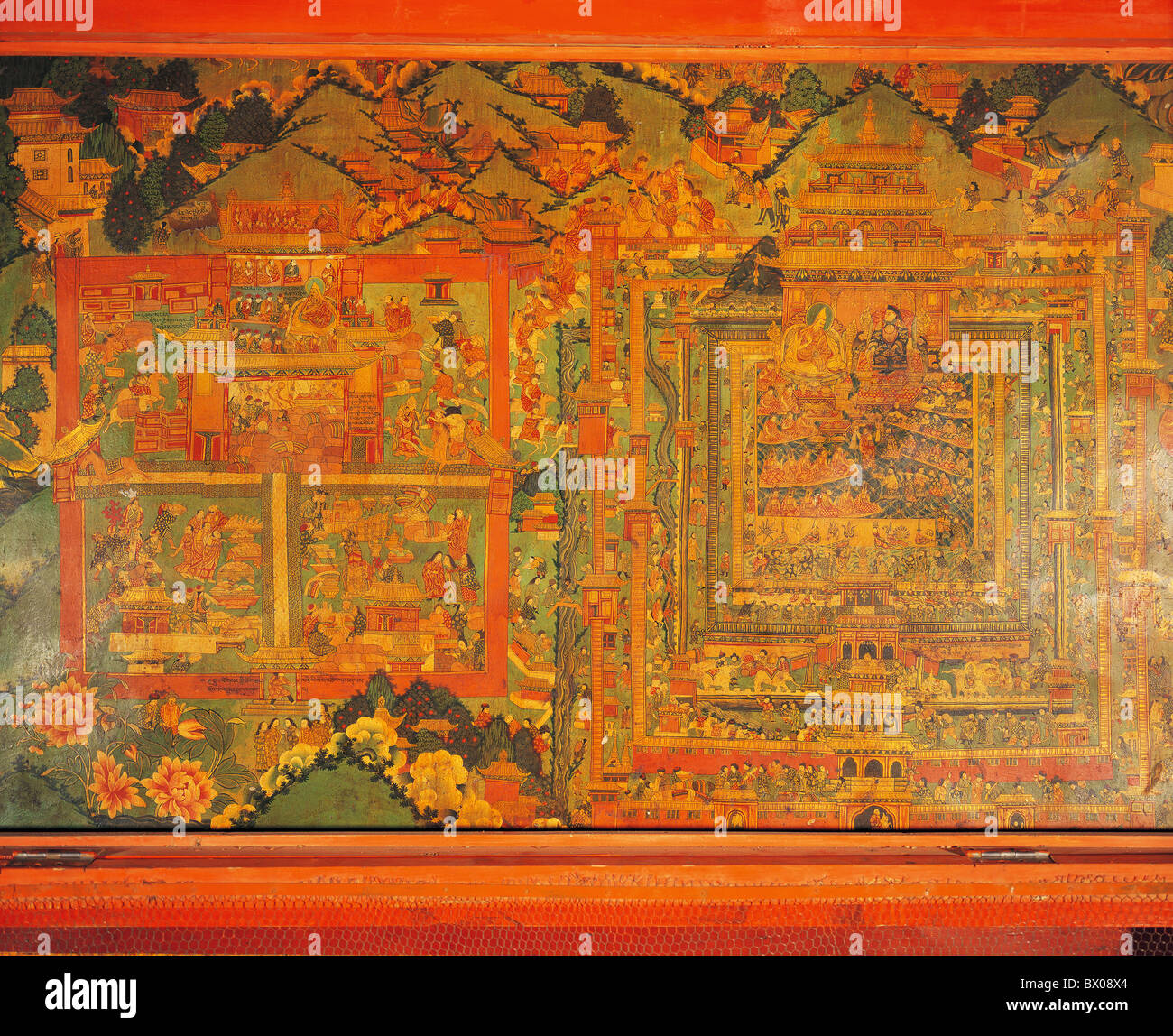 Pittura murale raffigurante il Dalai Lama e imperatore Qianlong, palazzo del Potala, Lhasa, in Tibet, in Cina Foto Stock