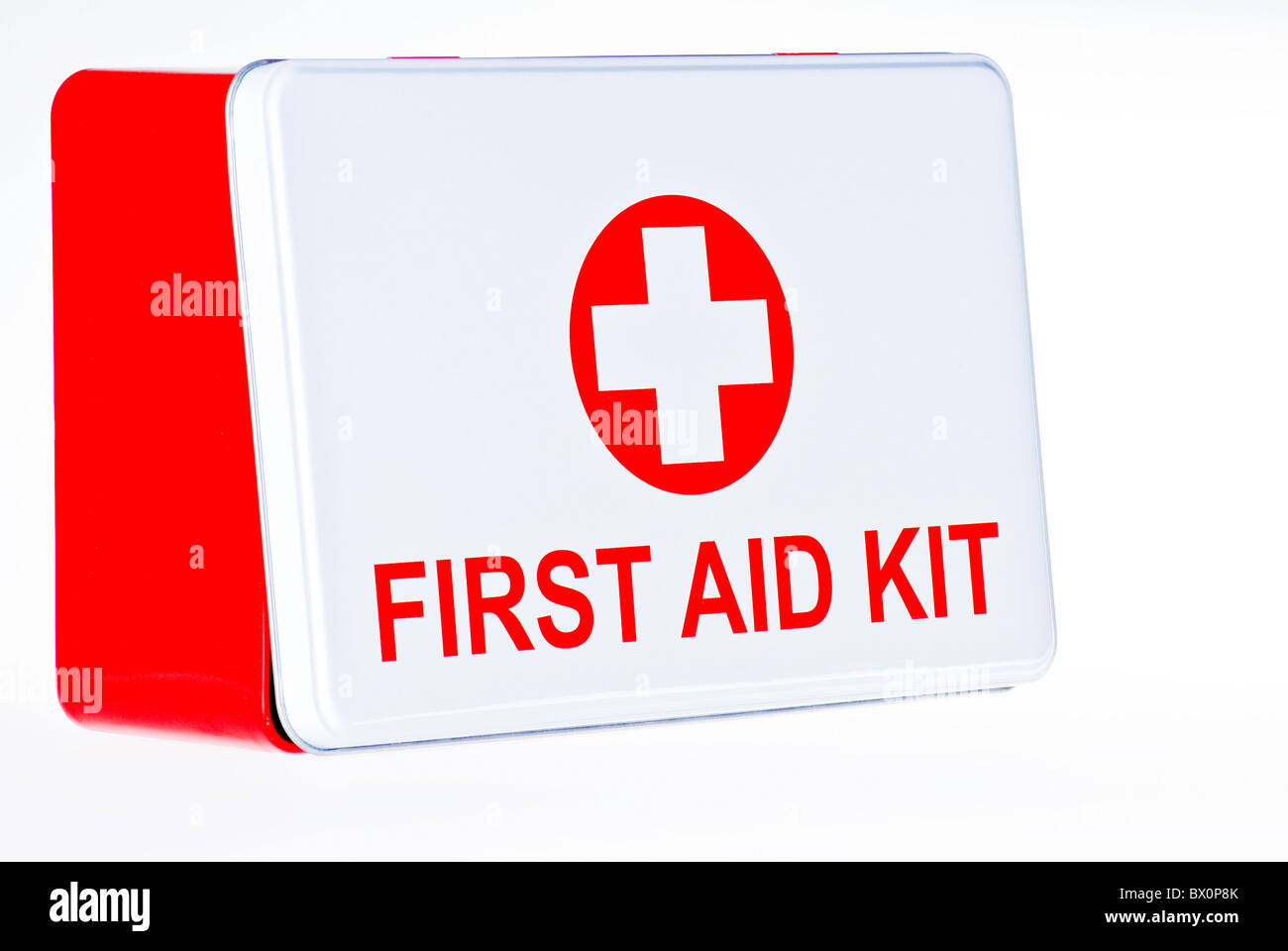 Kit di primo soccorso box su sfondo bianco Foto Stock