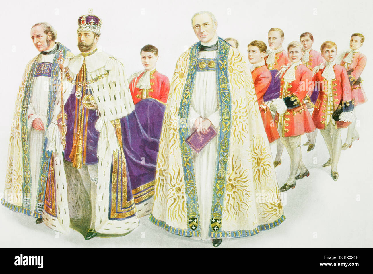 Re Giorgio V inserendo l'Abbazia di Westminster per la sua cerimonia di incoronazione, Foto Stock