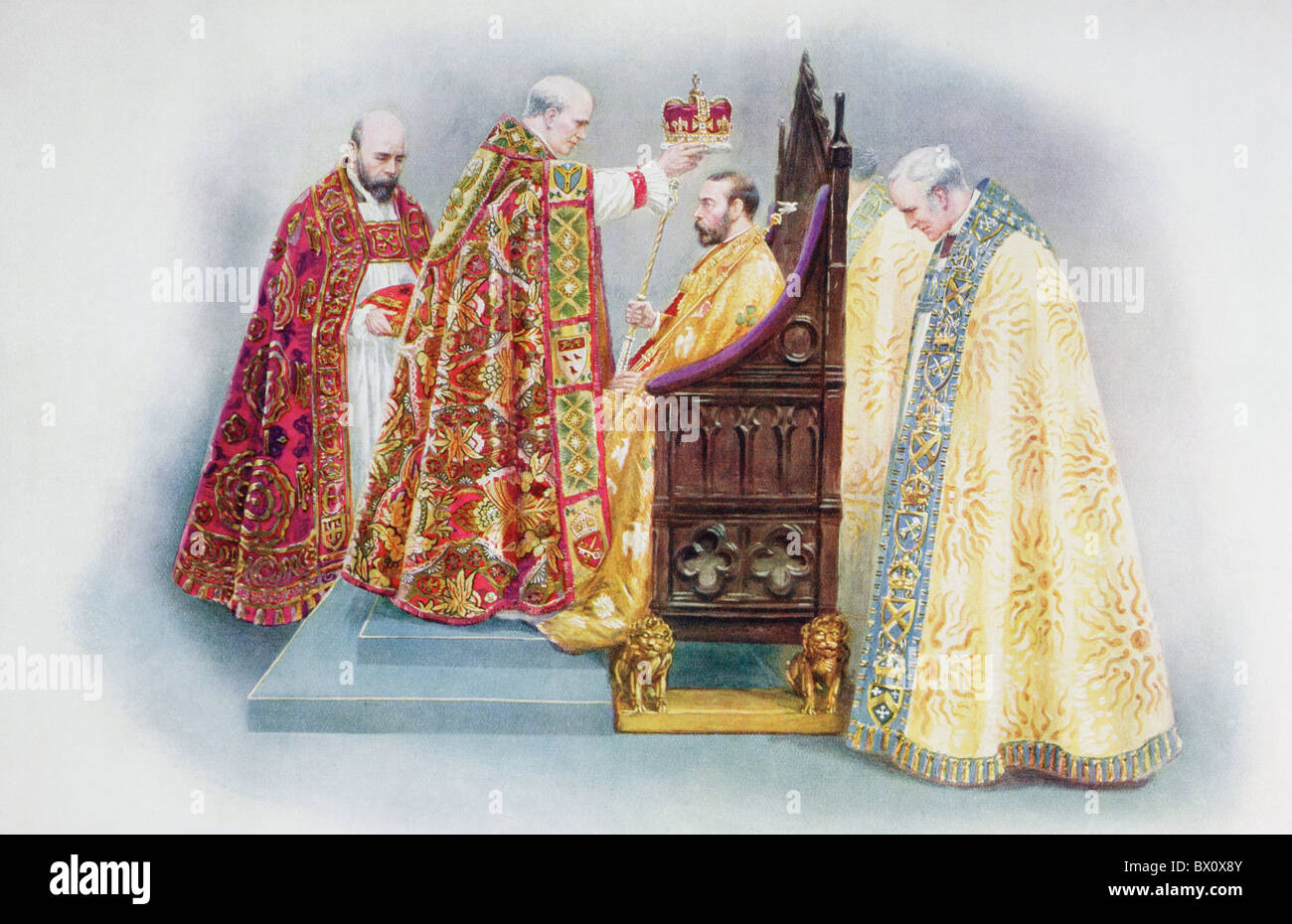 L'incoronazione del Re Giorgio V dall Arcivescovo di Canterbury. George V , 1865 - 1936. Re del Regno Unito. Foto Stock