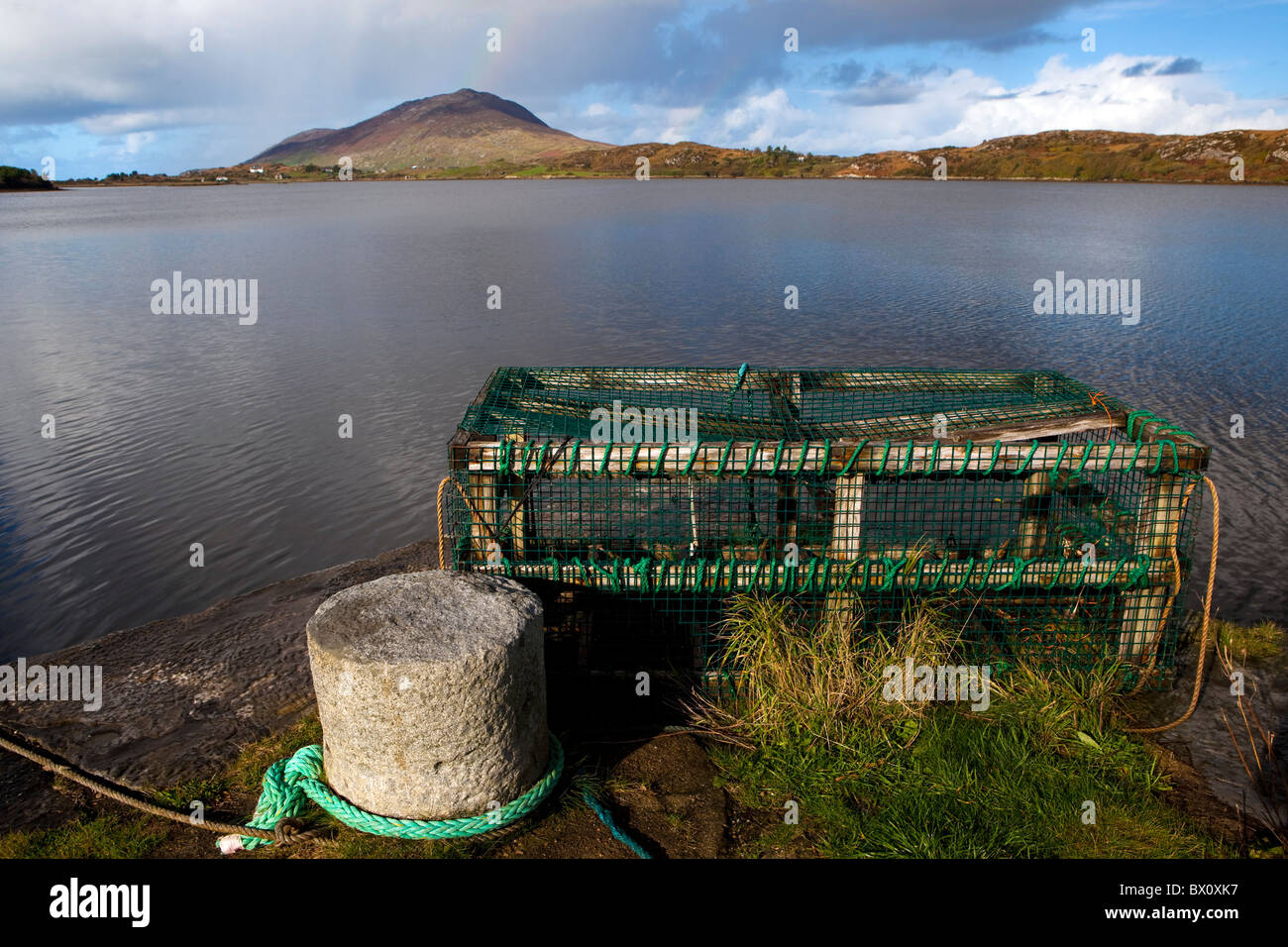 Gabbia di aragosta, Ballinakill Bay, Connemara, Irlanda. Con Tully Mountain in background. Foto Stock