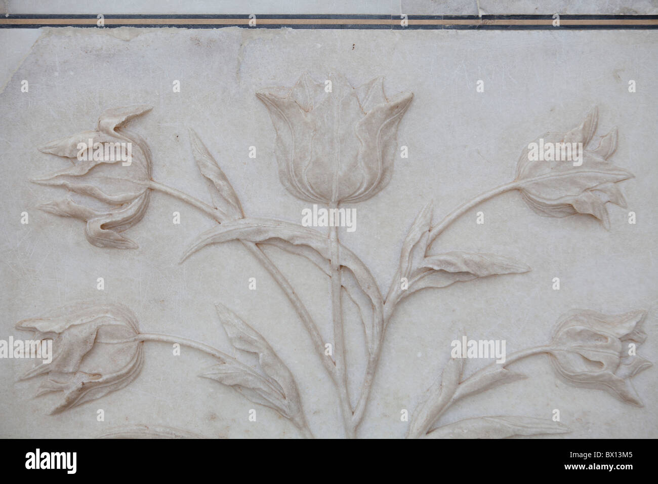 Taj Mahal monumento Agra India architettura Uttar mongolo bellezza panoramica old palace royal di marmo bianchi dettaglio fregio floreale Foto Stock