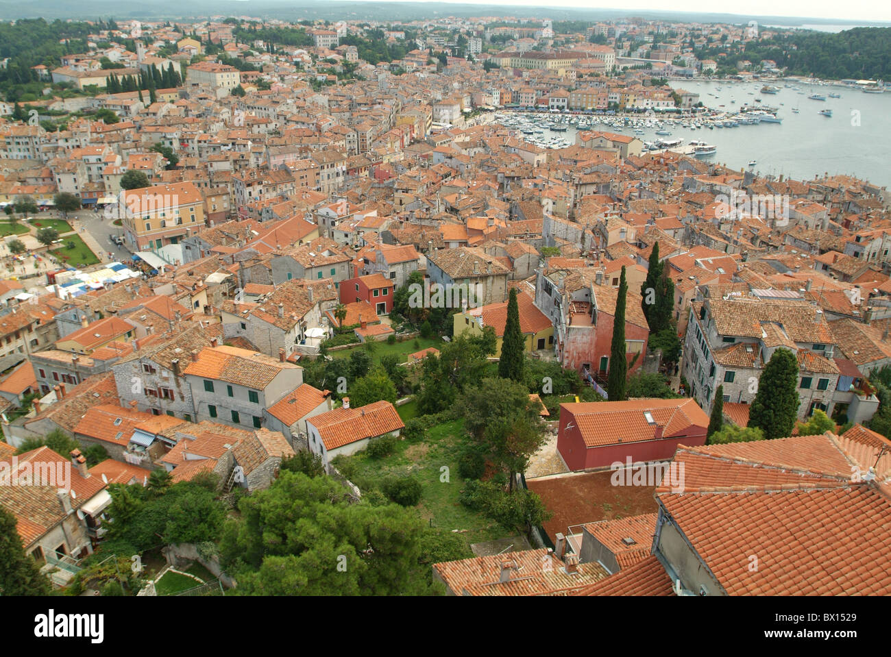 Città di Rovigno città vecchia tetti panoramica baia mare Europa croazia istria litorale adriatico Mare Mediterraneo Foto Stock