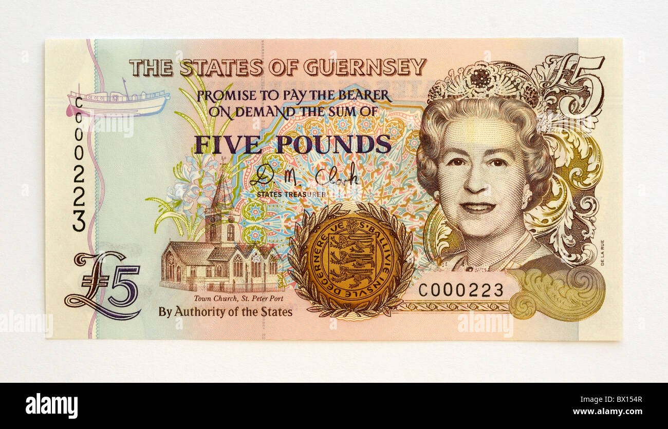 Guernsey 5 Cinque Pound Bank nota. Foto Stock