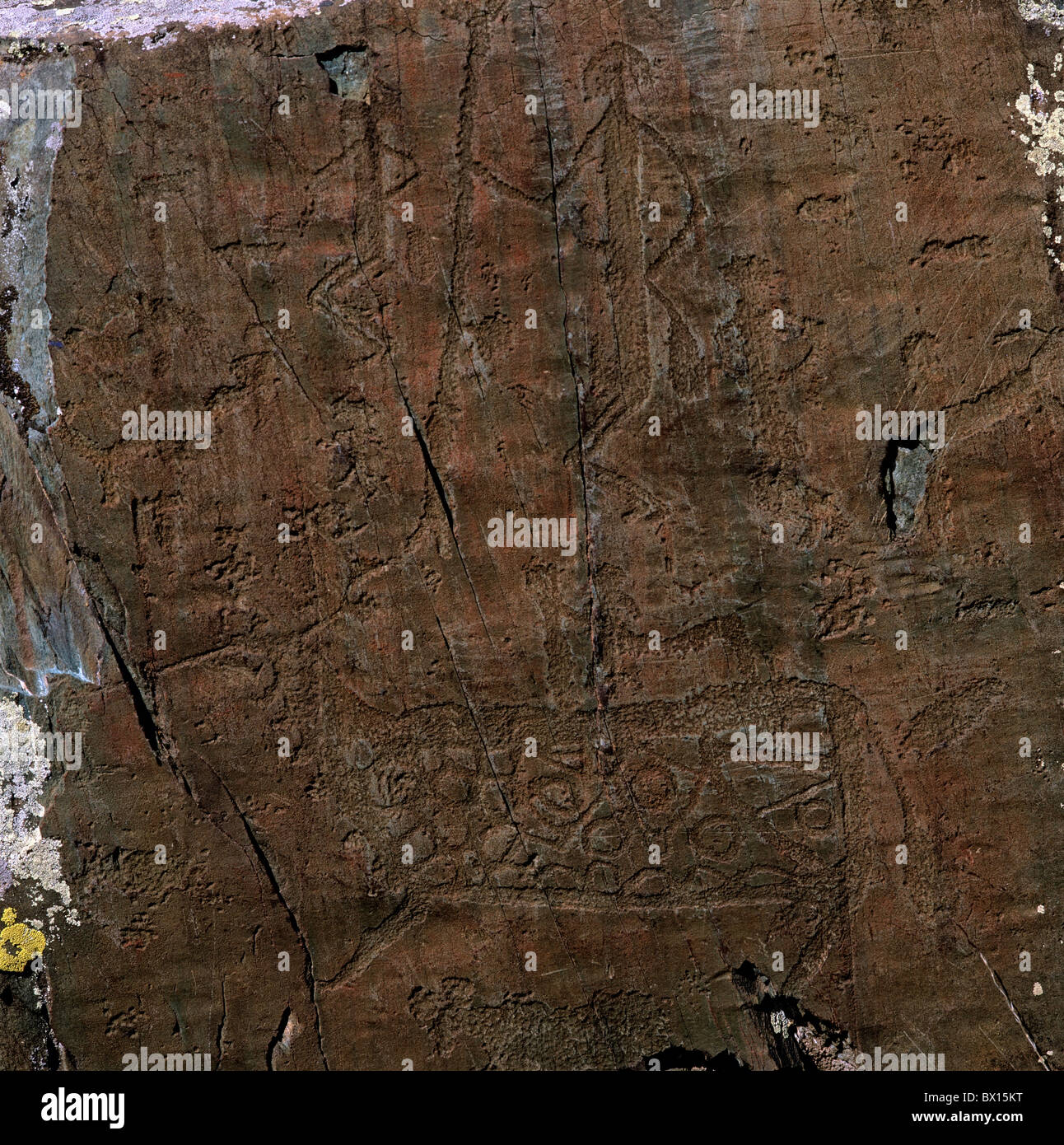 Antiche incisioni rupestri del Kalbak-Tash sito archeologico e il fiume Chuya. Montagne di Altai, Siberia, Russia Foto Stock