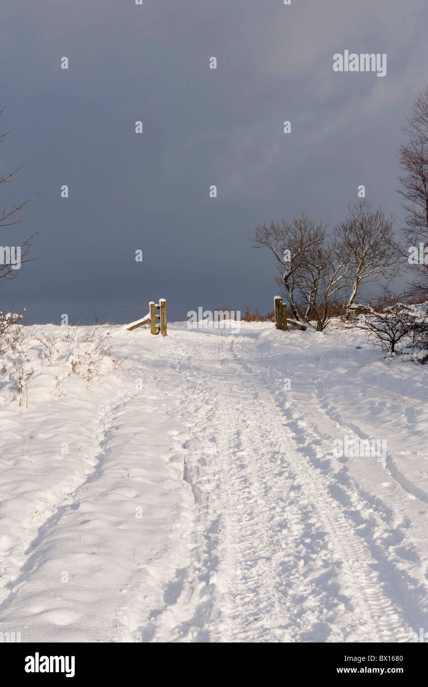Un viottolo di campagna nella neve profonda Foto Stock