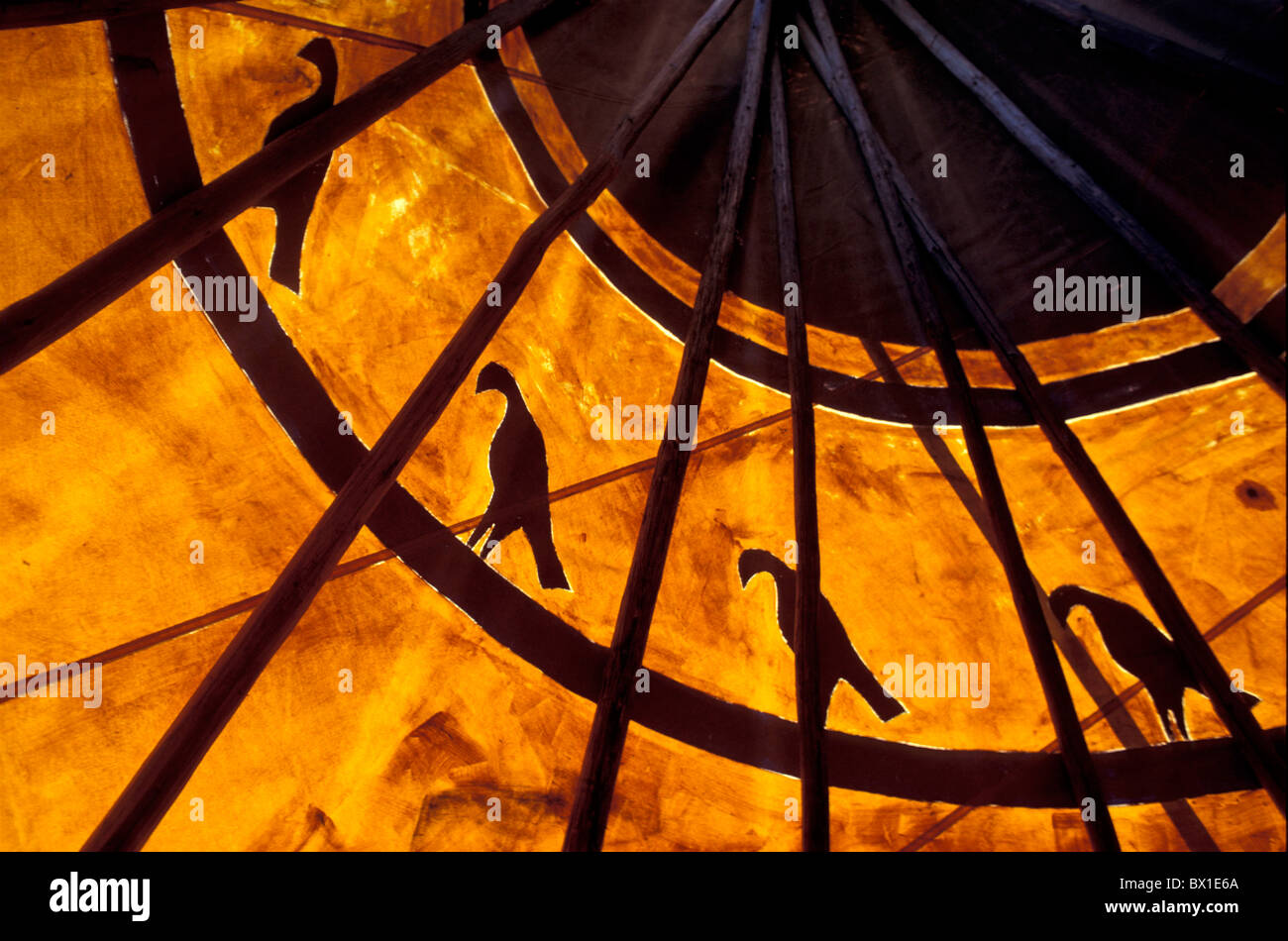 Blackfeet Indian Reservation Montana tende Tepee tenda uccelli tende Tepee interiore di Darrell Norman Nativi Americani Blackf Foto Stock