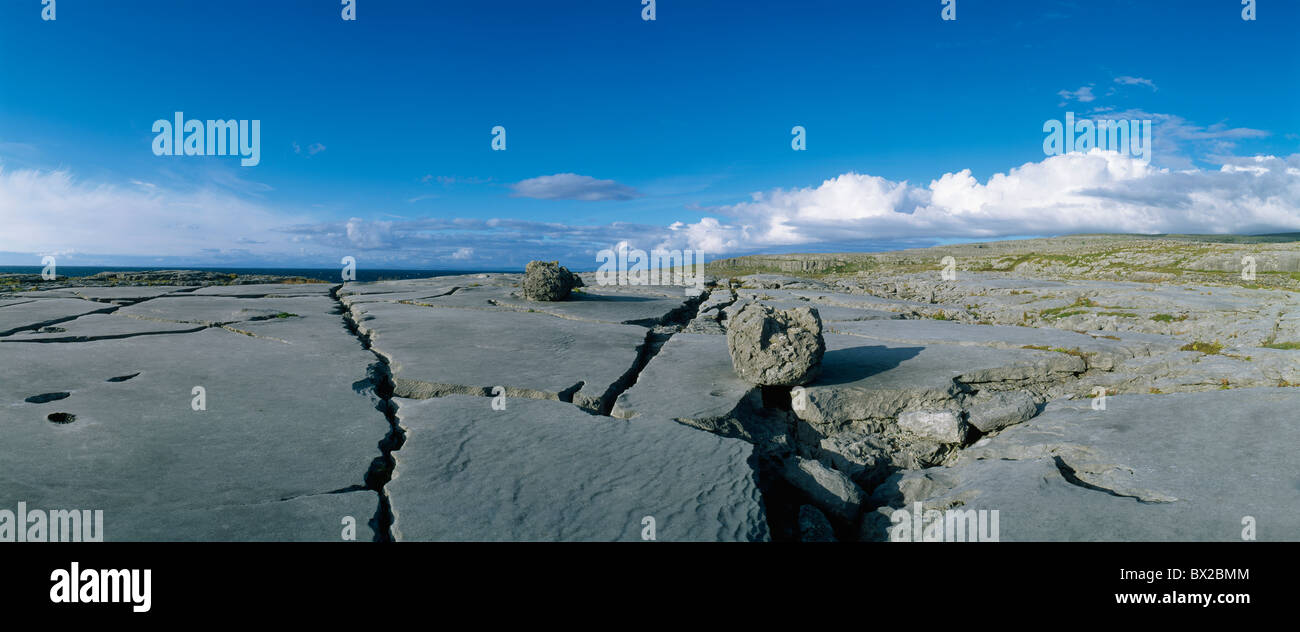 Vista panoramica di un paesaggio di pietre calcaree, Burren, County Clare, Repubblica di Irlanda Foto Stock