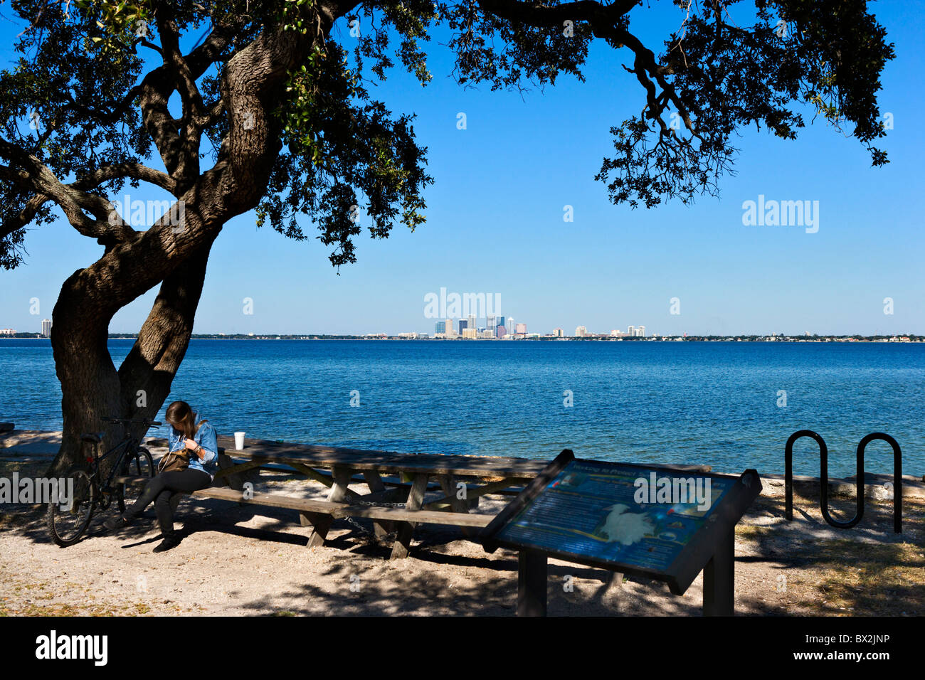 Lo skyline della città attraverso Tampa Bay dal punto di zavorra Park, Interbay Penisola, Tampa, Florida, Stati Uniti d'America Foto Stock