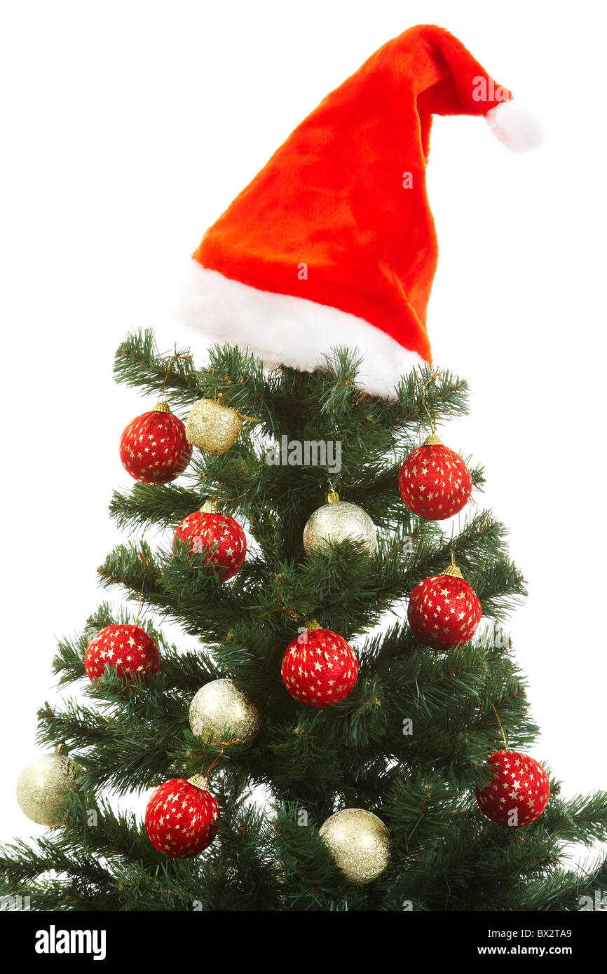 Close-up di Natale abete decorato con Santa PAC e le sfere di giocattolo Foto Stock