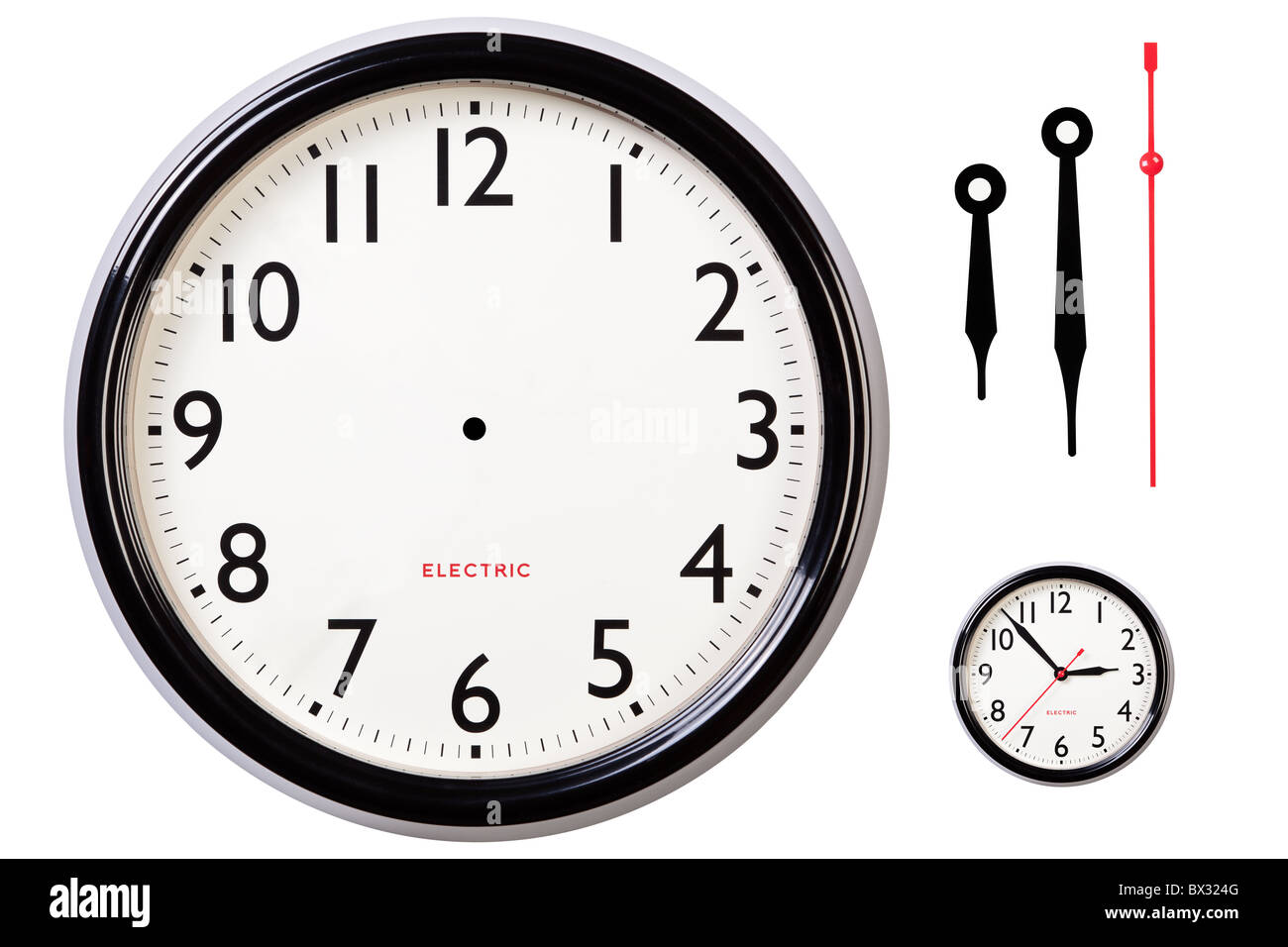 Foto di un vuoto orologio elettrico faccia con numeri arabi più ore, minuti e secondi le mani per rendere il vostro tempo. Foto Stock