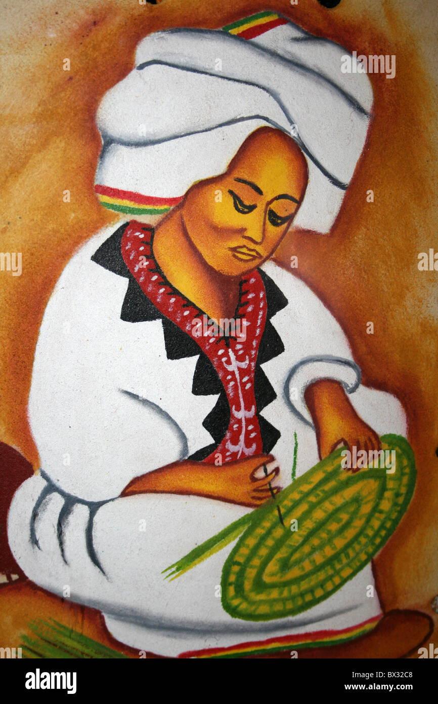 Etiopia tradizionale pittura mostra una donna tessitura di un cestello Foto Stock